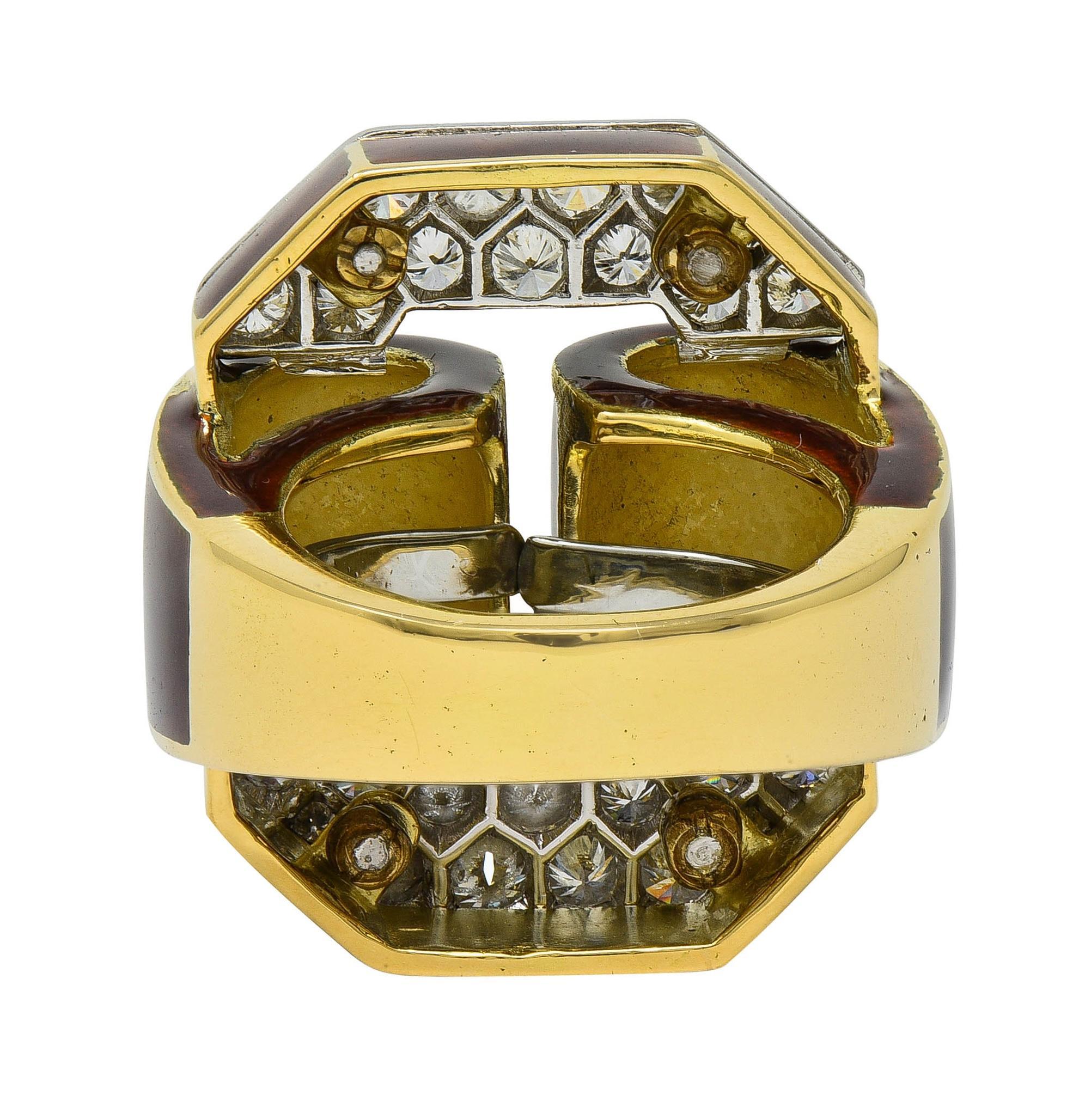 David Webb, bague vintage en or jaune 18 carats, platine, émail et diamants de 2,00 carats poids total en vente 2