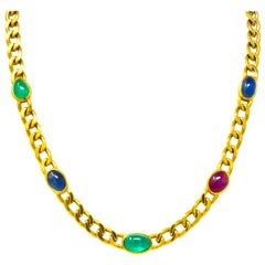 David Webb 20.00 Carat Ruby Sapphire Emerald 18 Karat Gold Curb Link Necklace