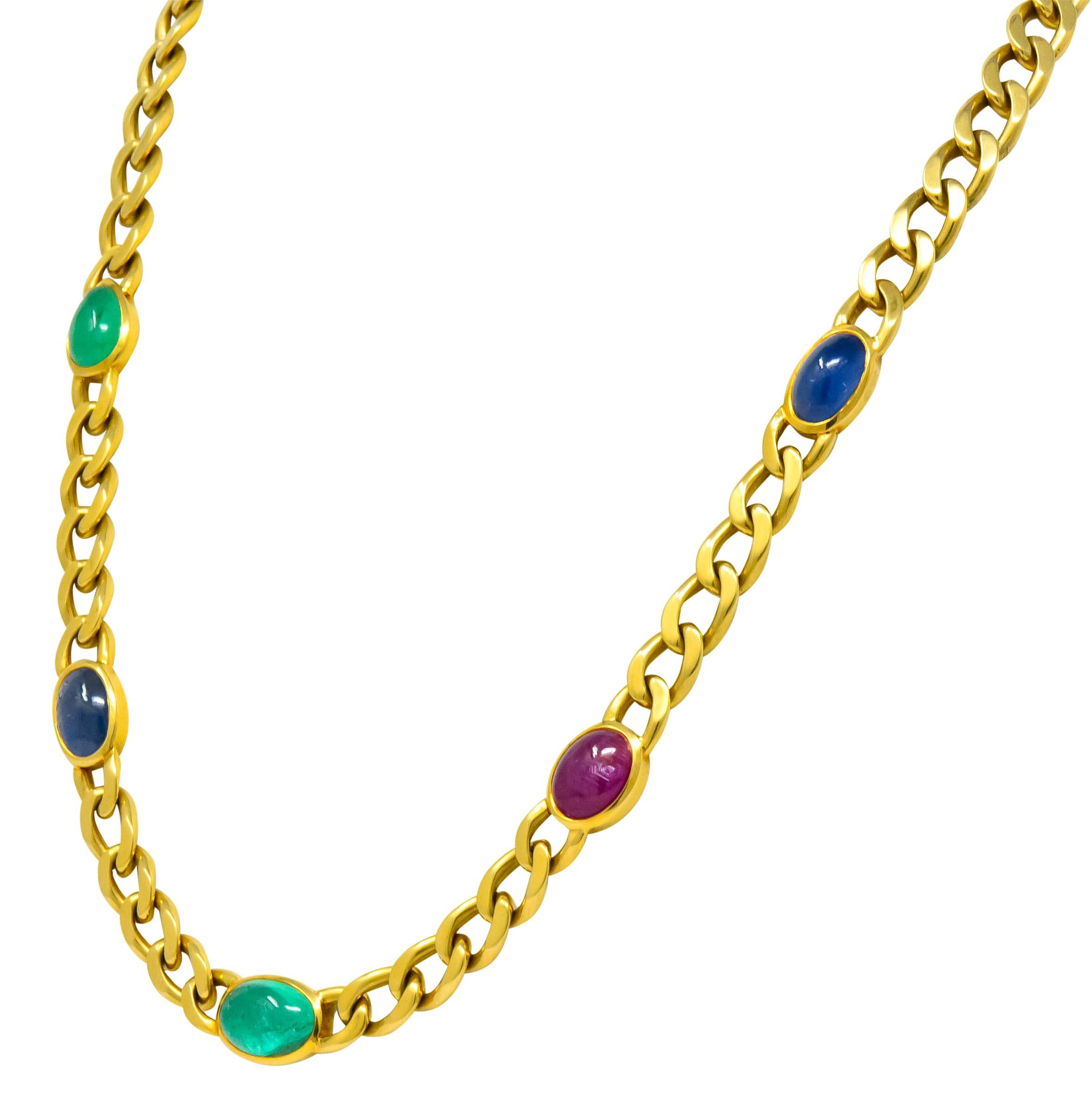 Modernist David Webb 20.00 Carat Ruby Sapphire Emerald 18 Karat Gold Curb Necklace