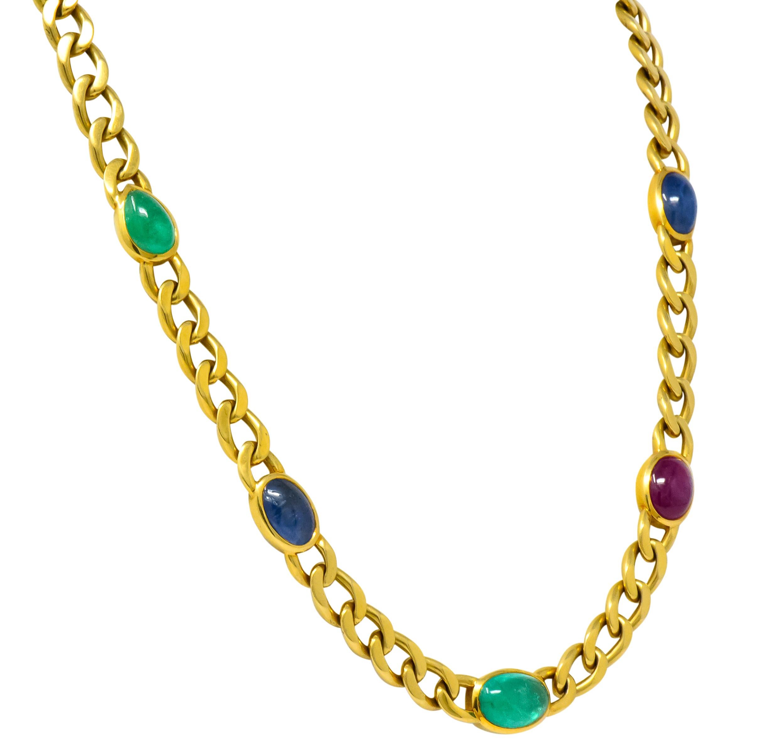 David Webb 20.00 Carat Ruby Sapphire Emerald 18 Karat Gold Curb Necklace In Excellent Condition In Philadelphia, PA