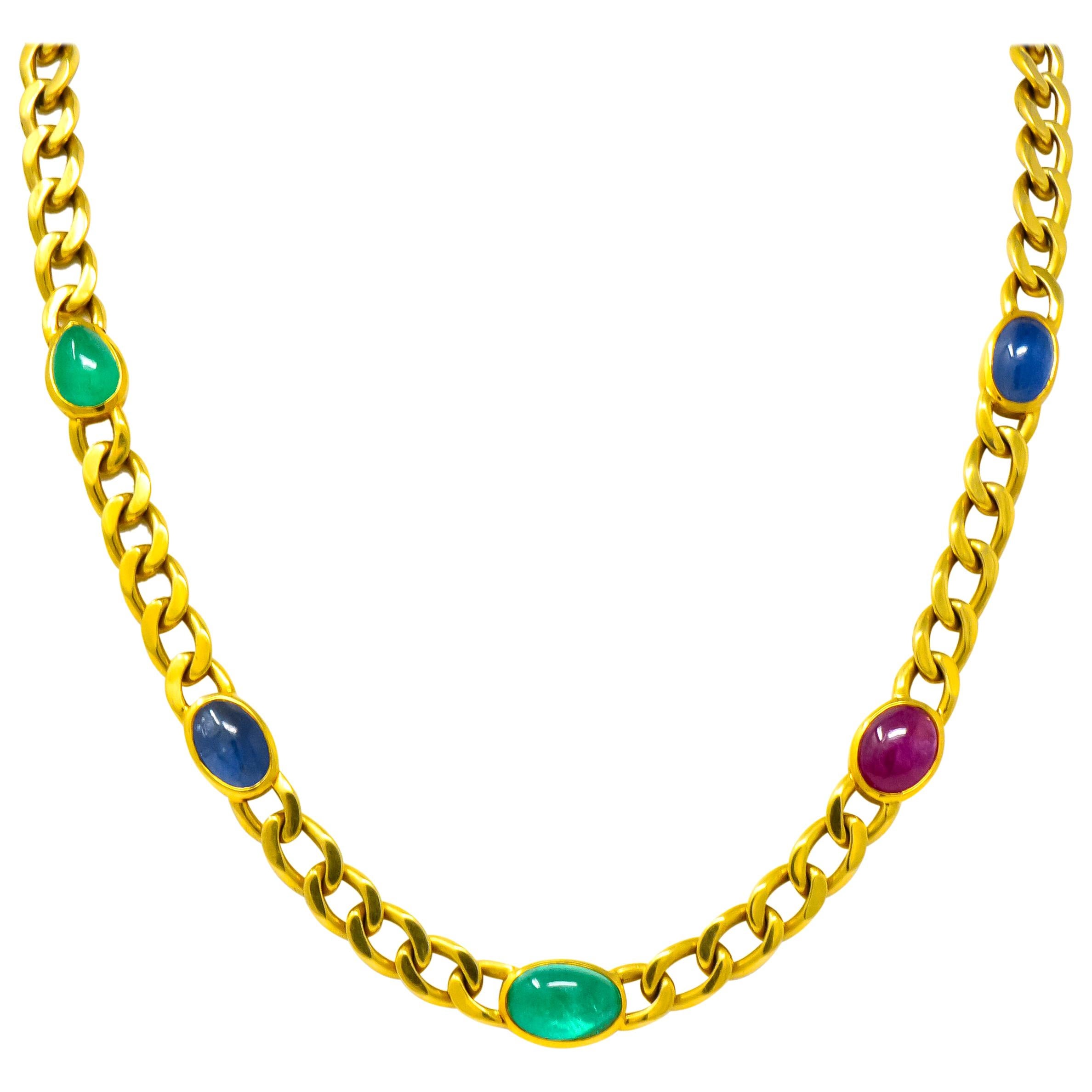 David Webb 20.00 Carat Ruby Sapphire Emerald 18 Karat Gold Curb Necklace