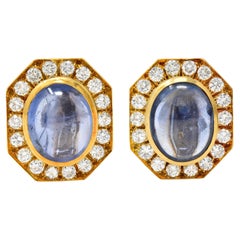 Vintage David Webb 20.20 Carats 1980s Sapphire Diamond 18 Karat Yellow Gold Earrings