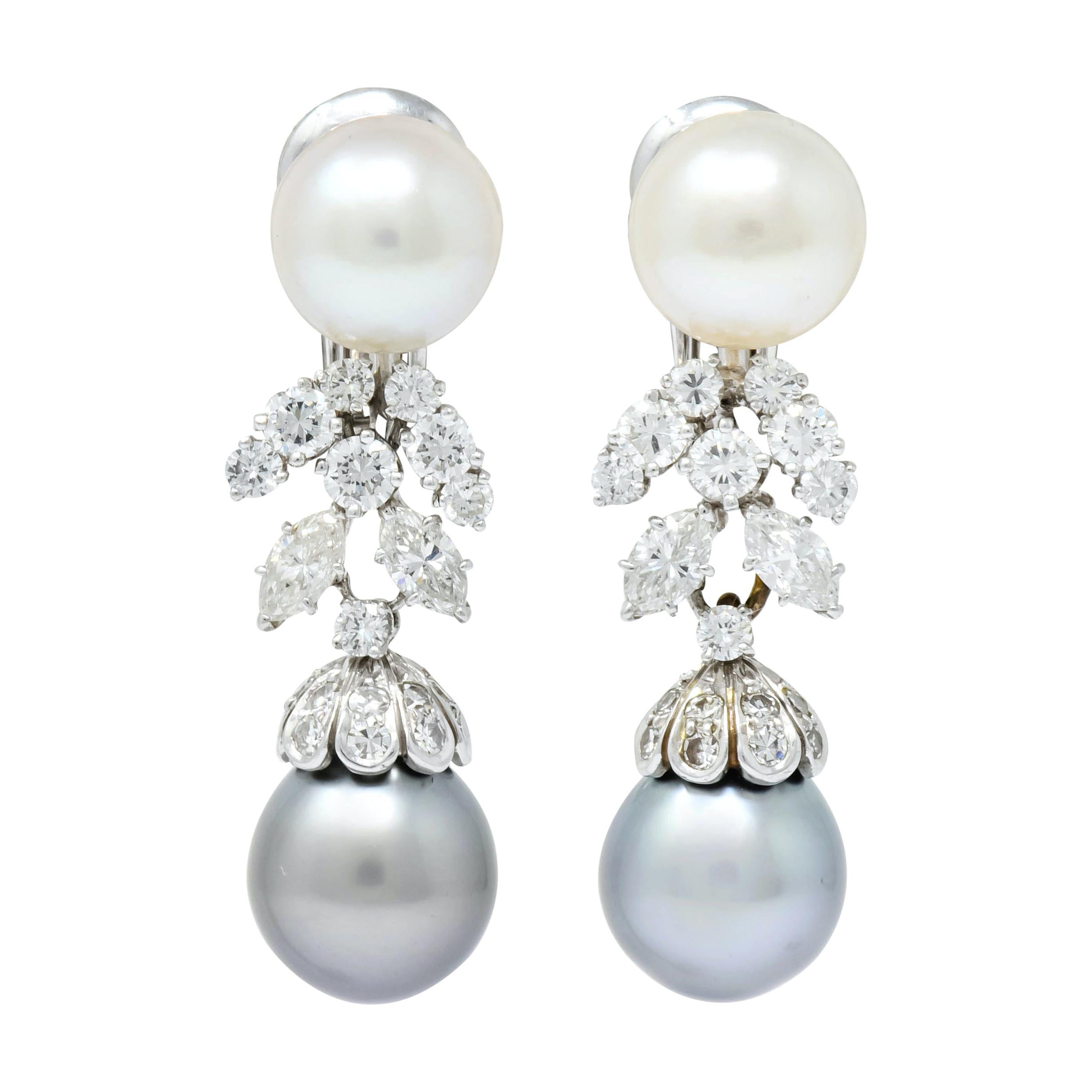 David Webb 2.40 Carat Diamond Cultured Pearl Drop Ear-Clip Earrings