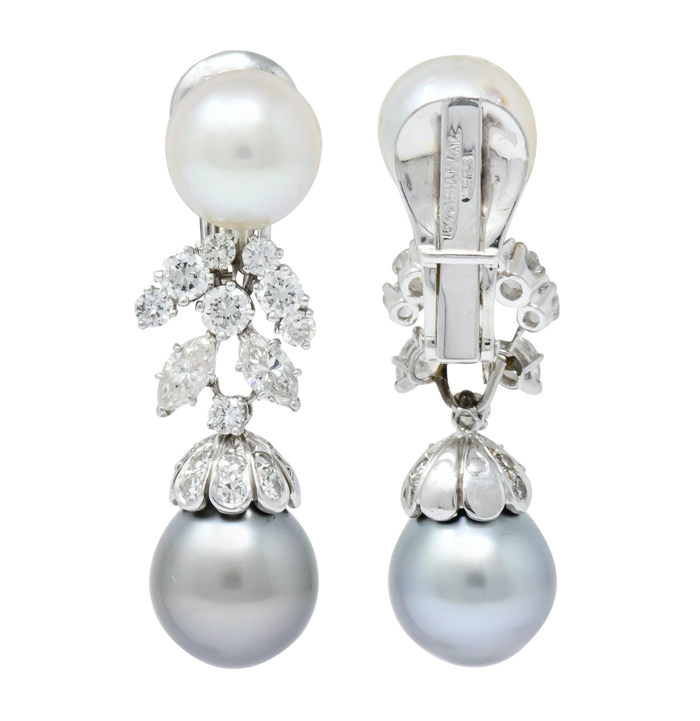 Women's or Men's David Webb 2.40 Carat Diamond Cultured Pearl Drop Ear-Clip Earrings