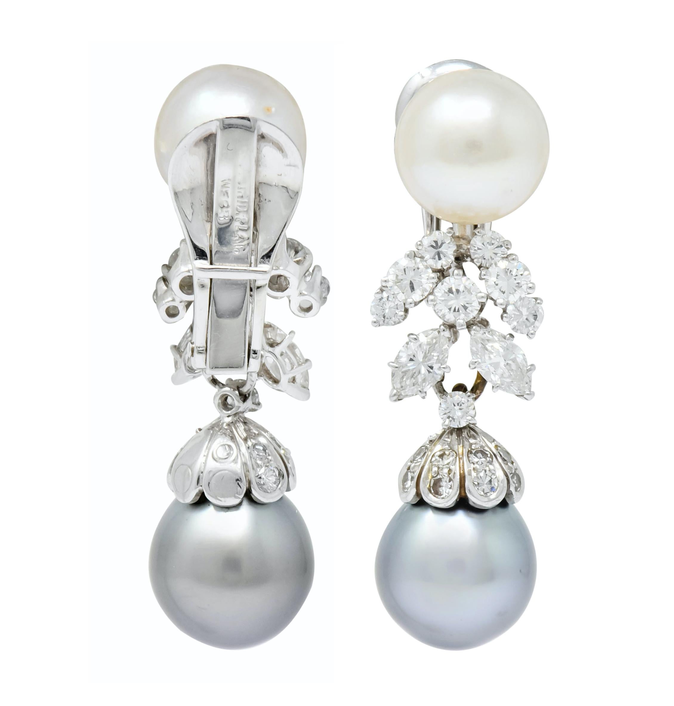 David Webb 2.40 Carat Diamond Cultured Pearl Drop Ear-Clip Earrings 1