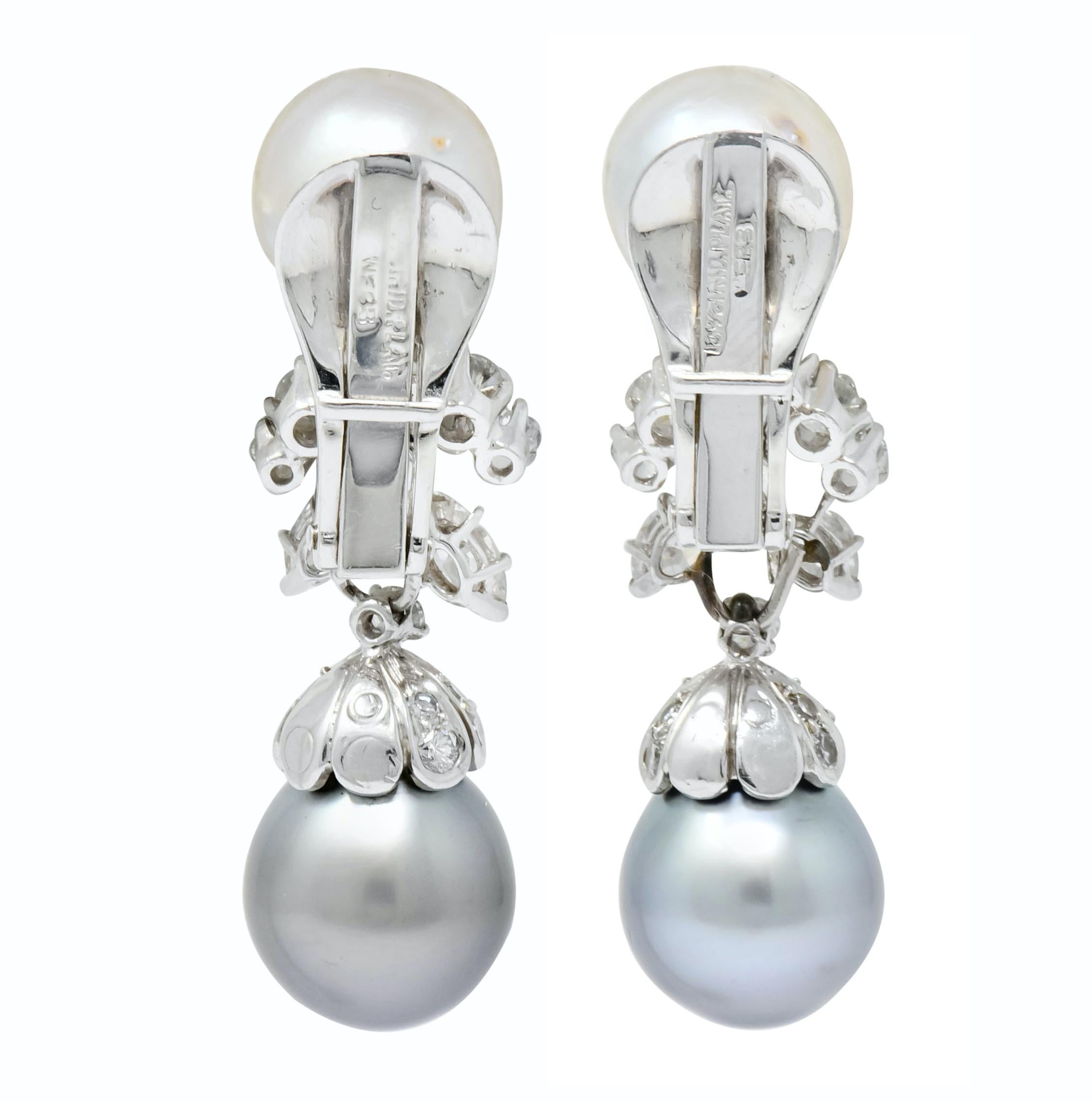 David Webb 2.40 Carat Diamond Cultured Pearl Drop Ear-Clip Earrings 2