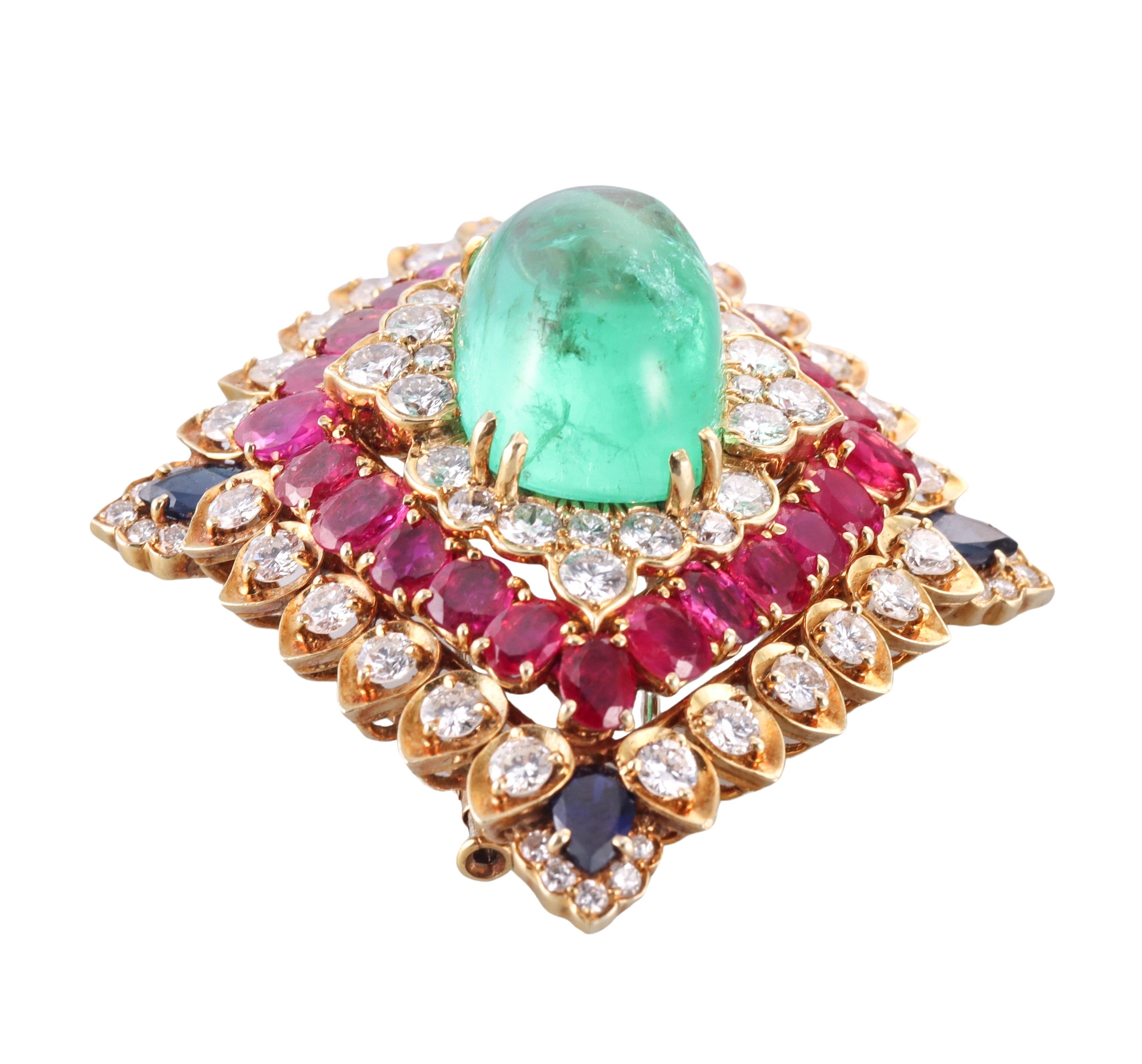 Cabochon David Webb 26ct Emerald Ruby Sapphire Diamond Gold Brooch Pendant For Sale