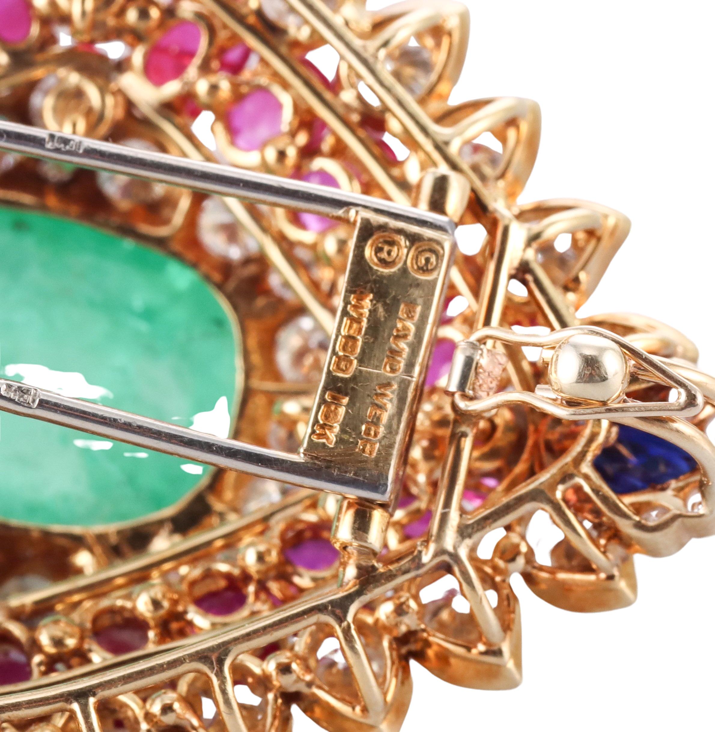 David Webb 26ct Emerald Ruby Sapphire Diamond Gold Brooch Pendant In Excellent Condition For Sale In New York, NY
