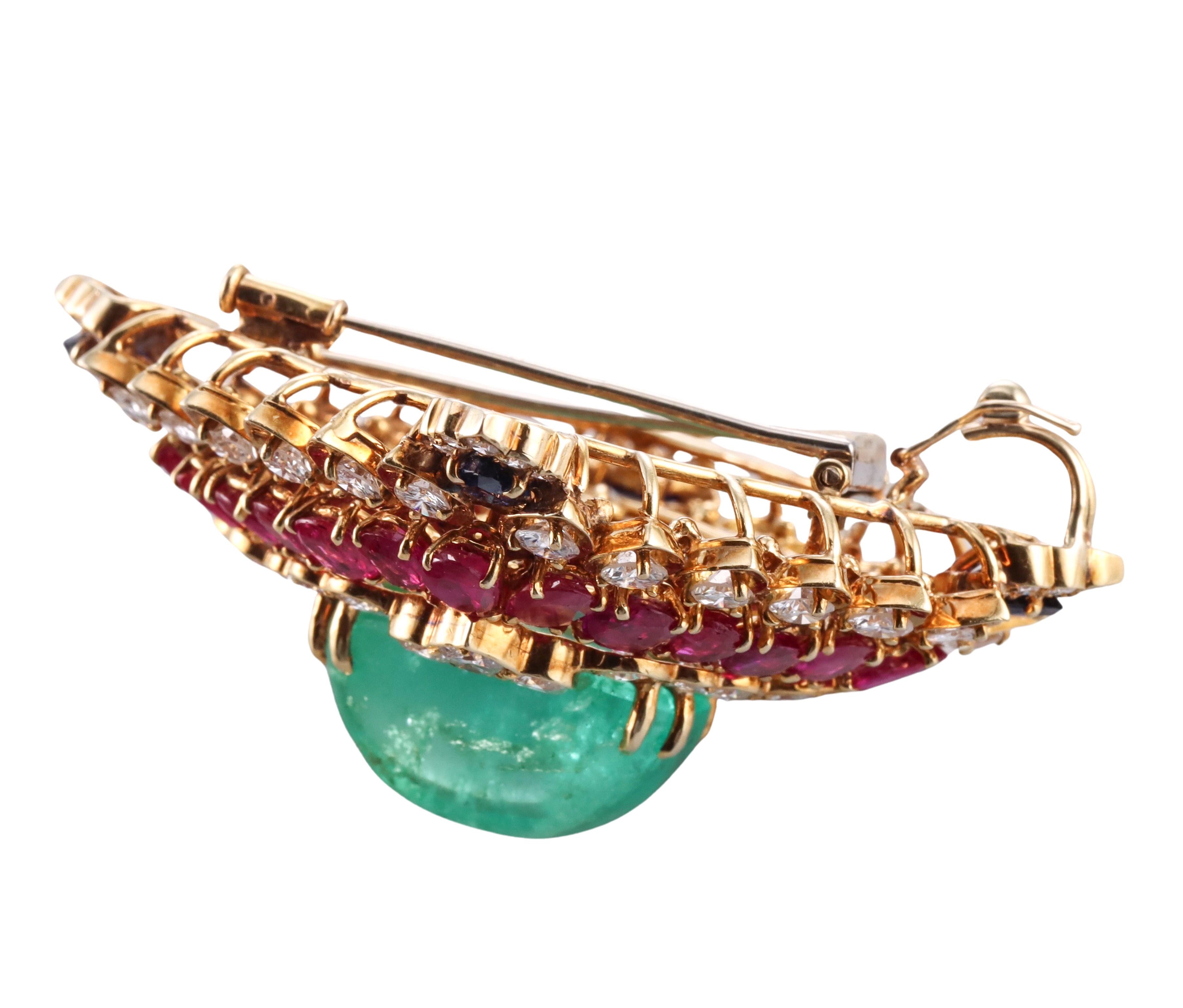 Women's David Webb 26ct Emerald Ruby Sapphire Diamond Gold Brooch Pendant For Sale