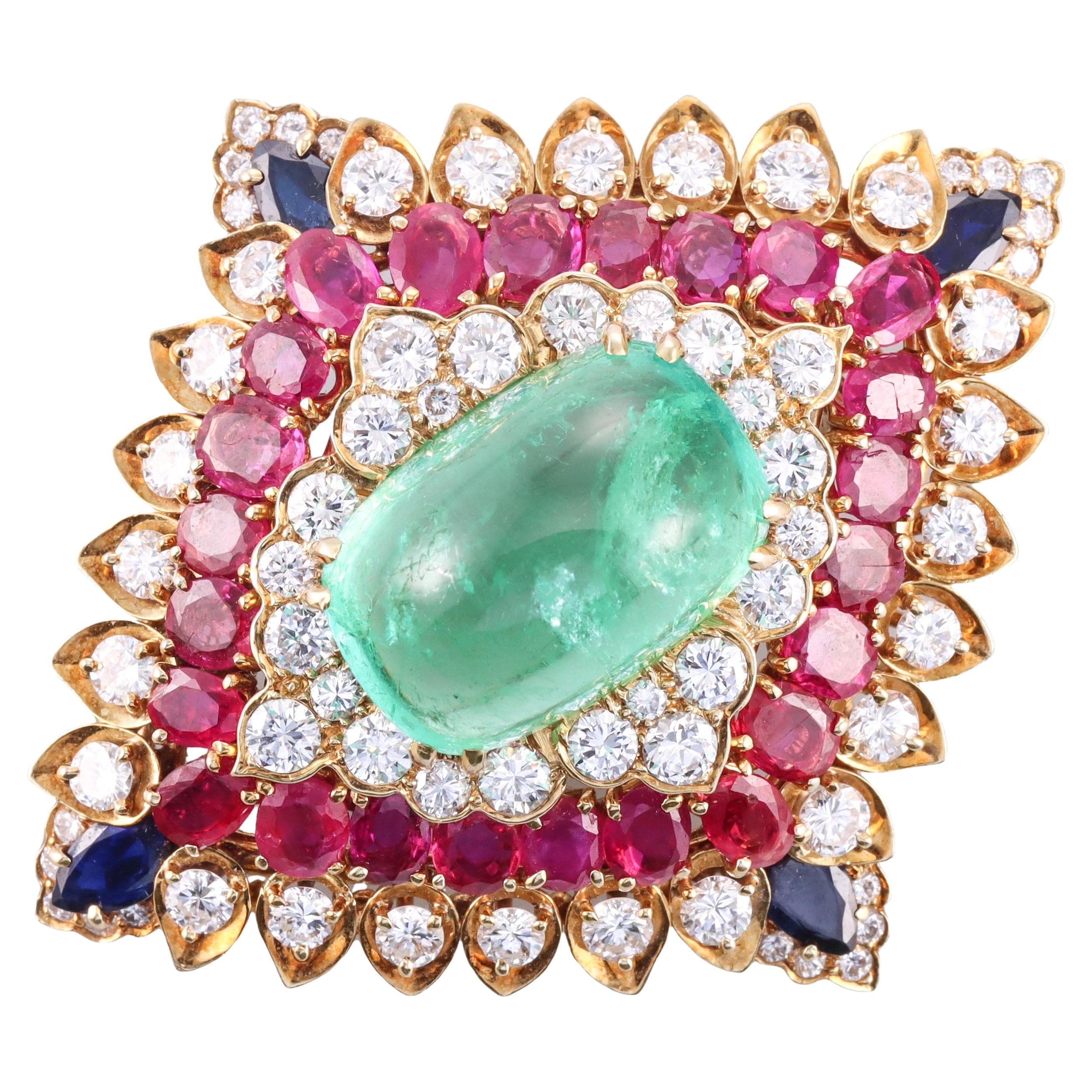 David Webb 26ct Emerald Ruby Sapphire Diamond Gold Brooch Pendant