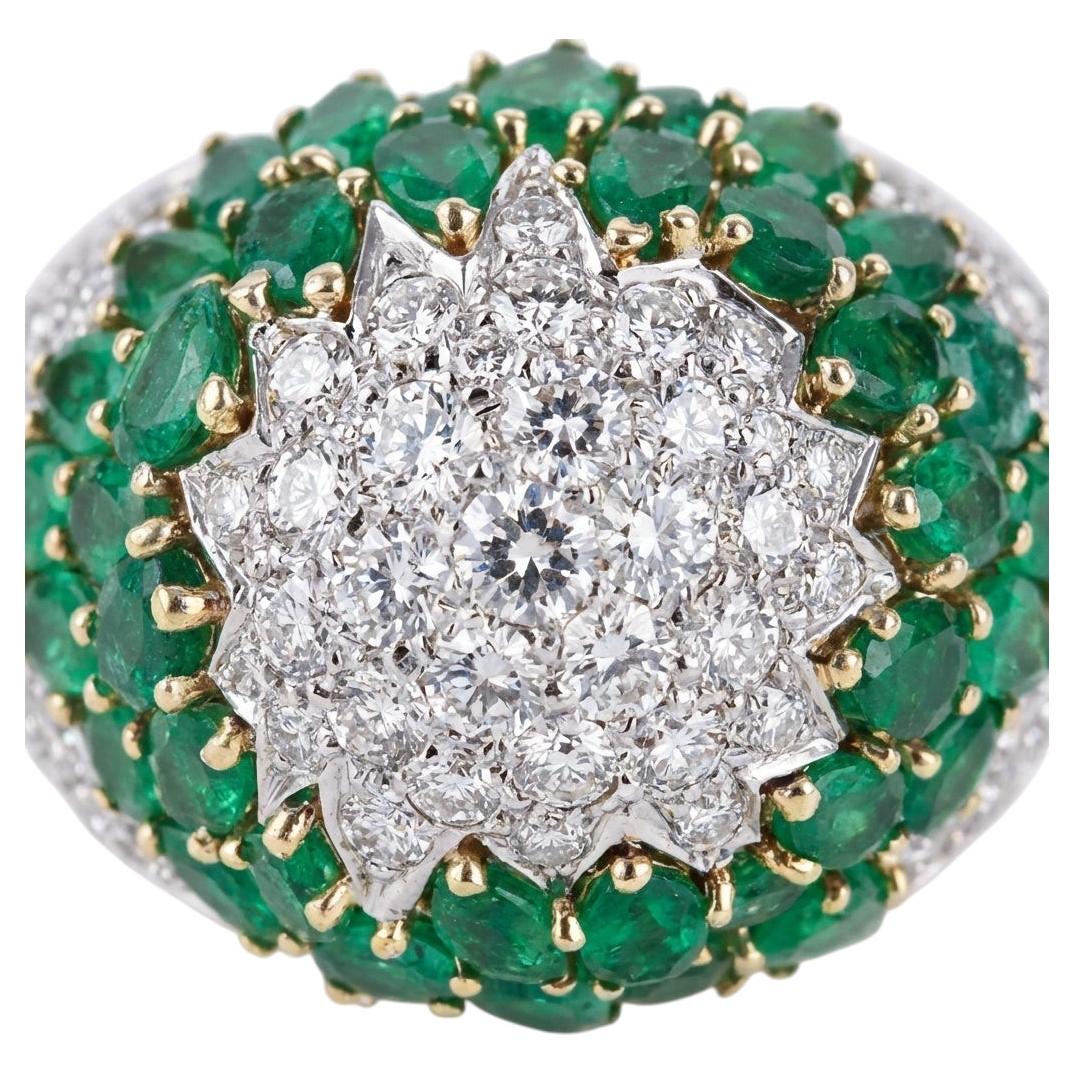 Pre-owned David Webb 3.50 Carat Emerald Diamond Gold Platinum Dome Ring In Green