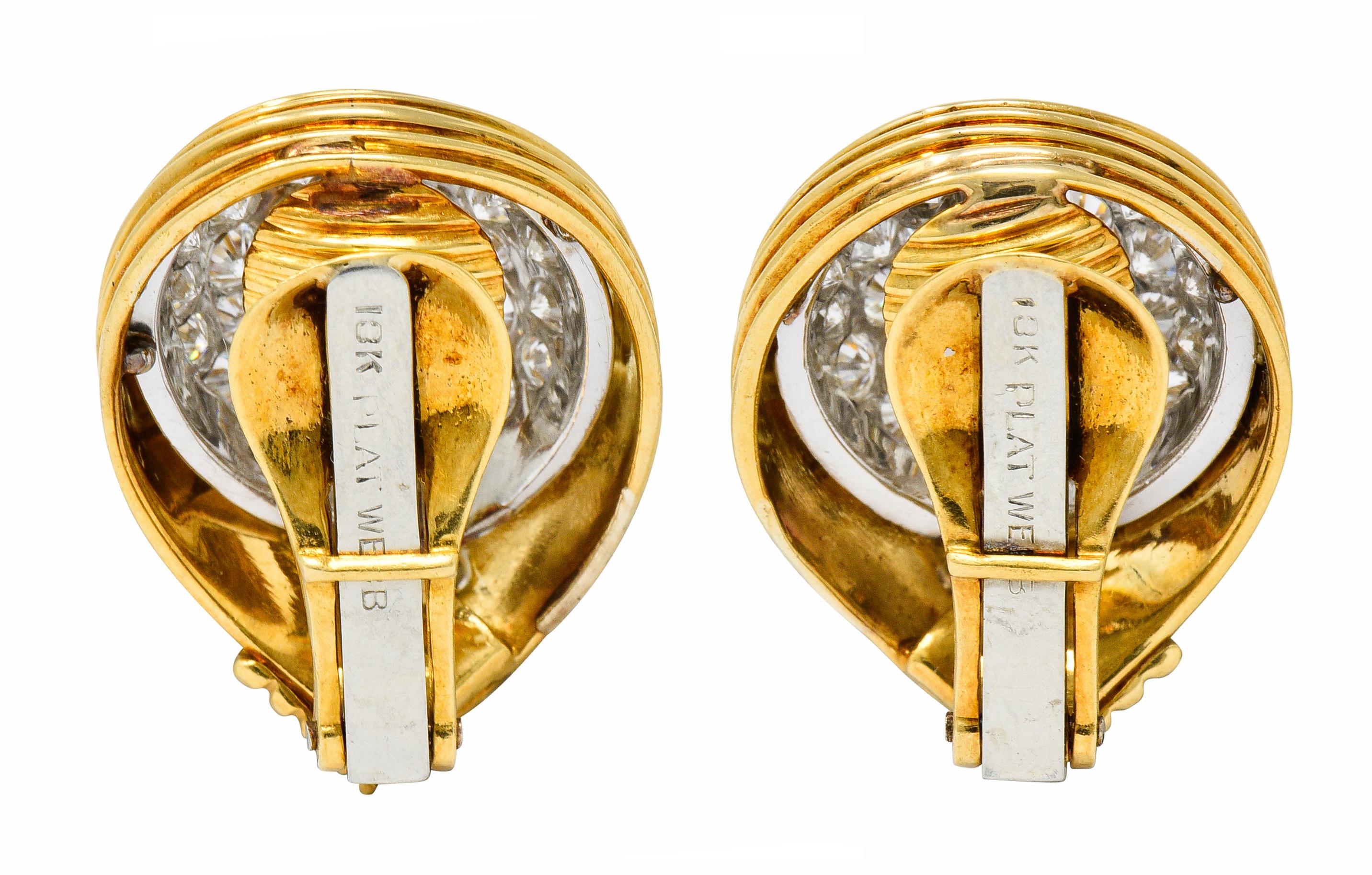 Modernist David Webb 3.50 Carat Pave Diamond 18 Karat Gold Platinum Ear-Clip Earrings