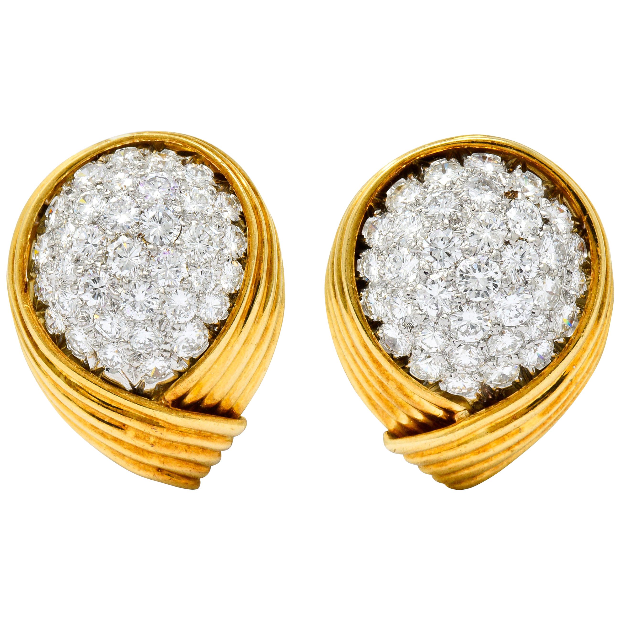 David Webb 3.50 Carat Pave Diamond 18 Karat Gold Platinum Ear-Clip Earrings