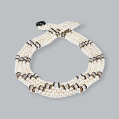 David Webb 4 Strand Pearl, Rock Crystal and Onyx Necklace