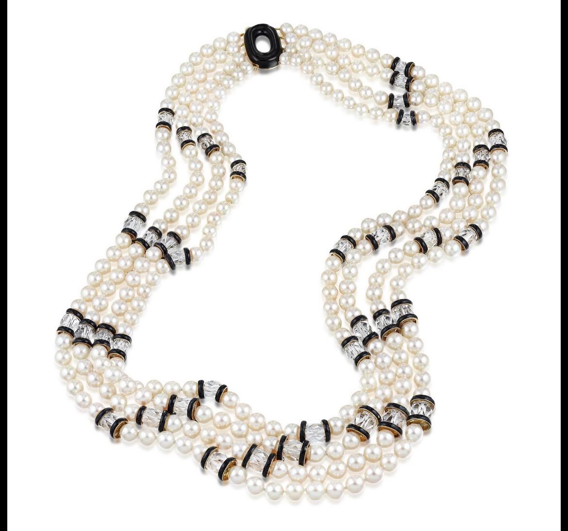 David Webb 4 Strand Pearl, Rock Crystal and Onyx Necklace In Excellent Condition For Sale In Saint Louis, MO