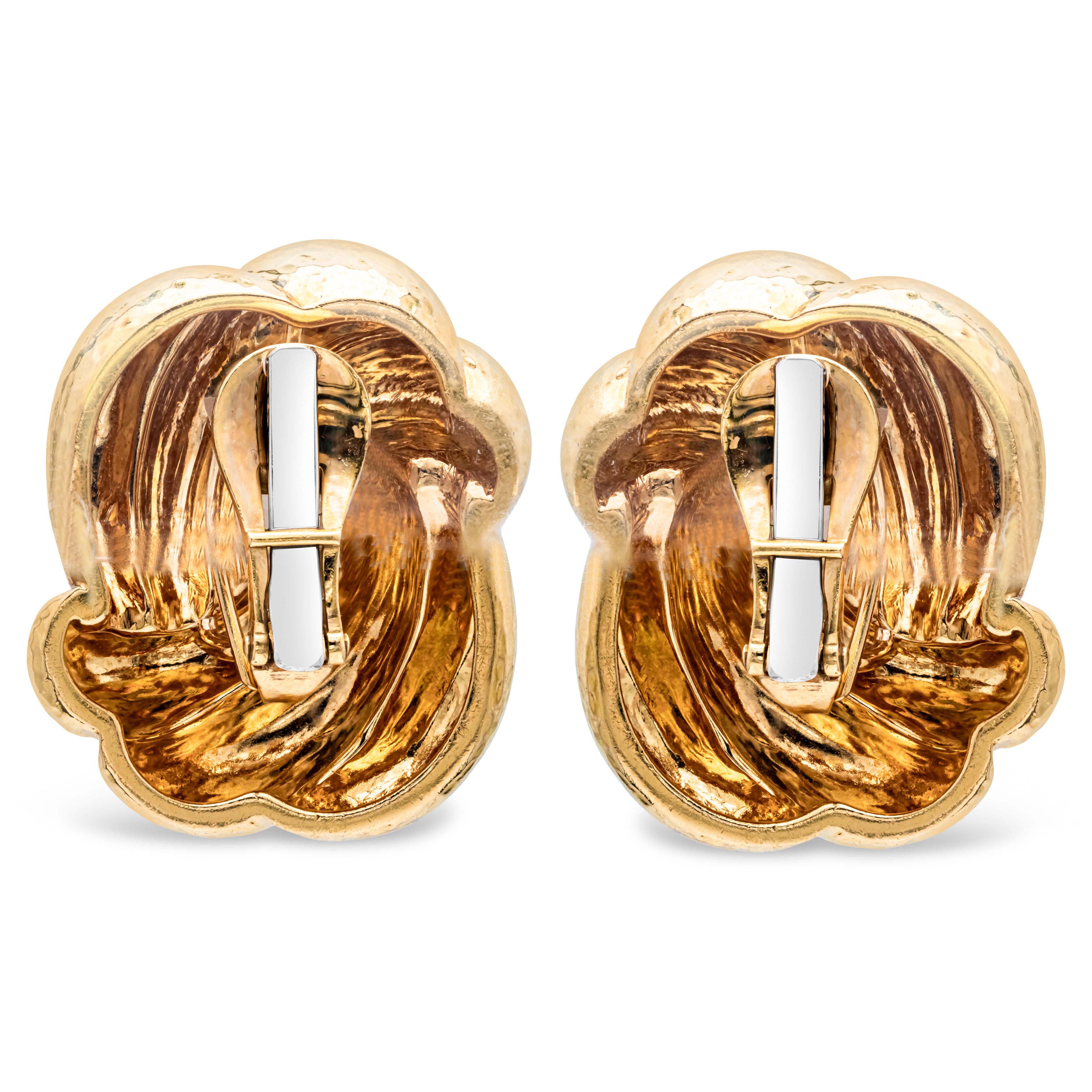 Women's David Webb 41.78 Grams 18K Yellow Gold Large Hammered Knots Gold Clip Earrings For Sale