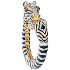 David Webb 4.59 Carat of Diamonds Enamel Zebra Bangle Bracelet