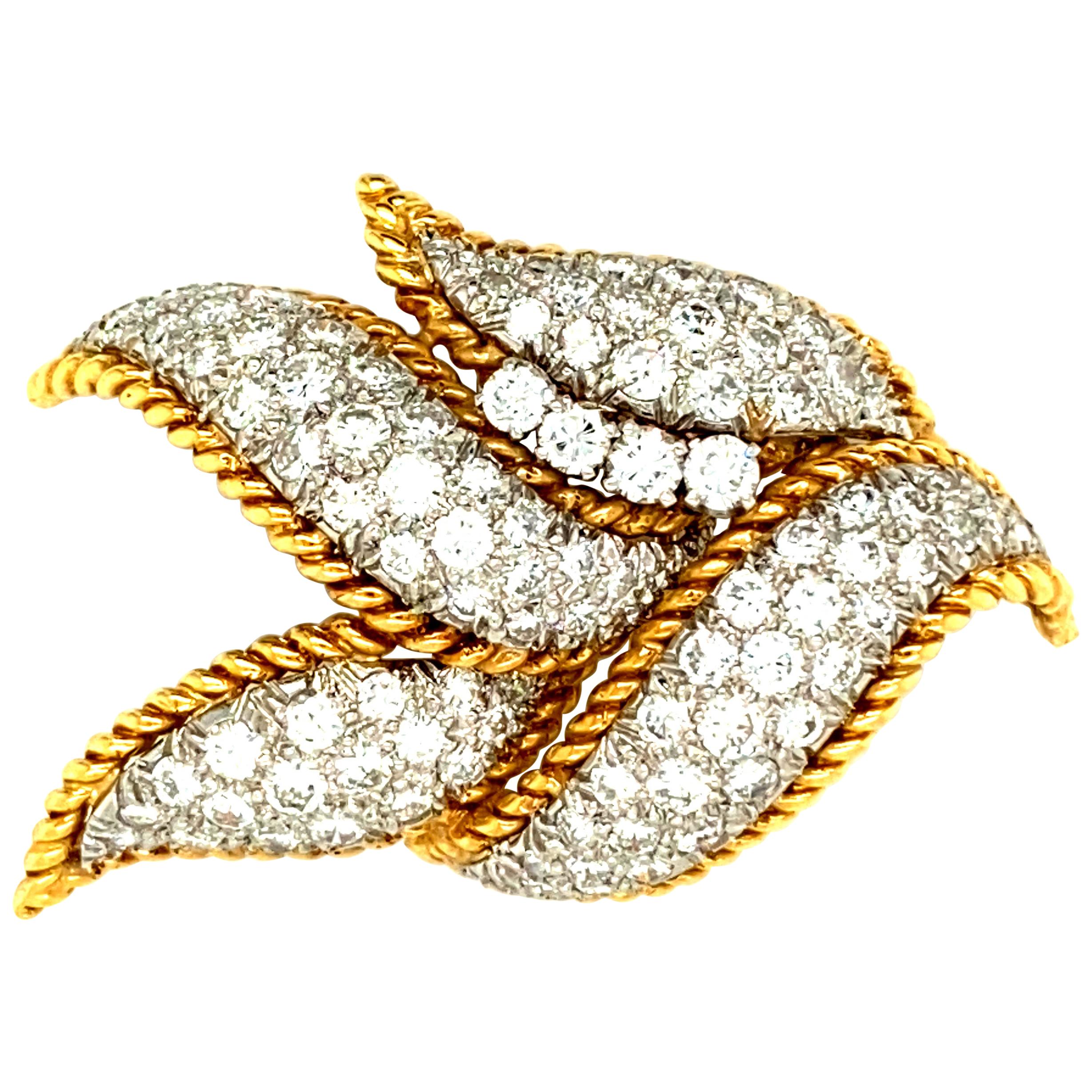 David Webb 5 Carat Pave Diamond "Leaf" Brooch in Platinum and Gold For Sale