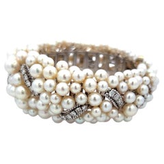 David Webb 5.00 Carat Round Brilliant Diamond 4.1-6.1MM Pearl 14K WG Bracelet