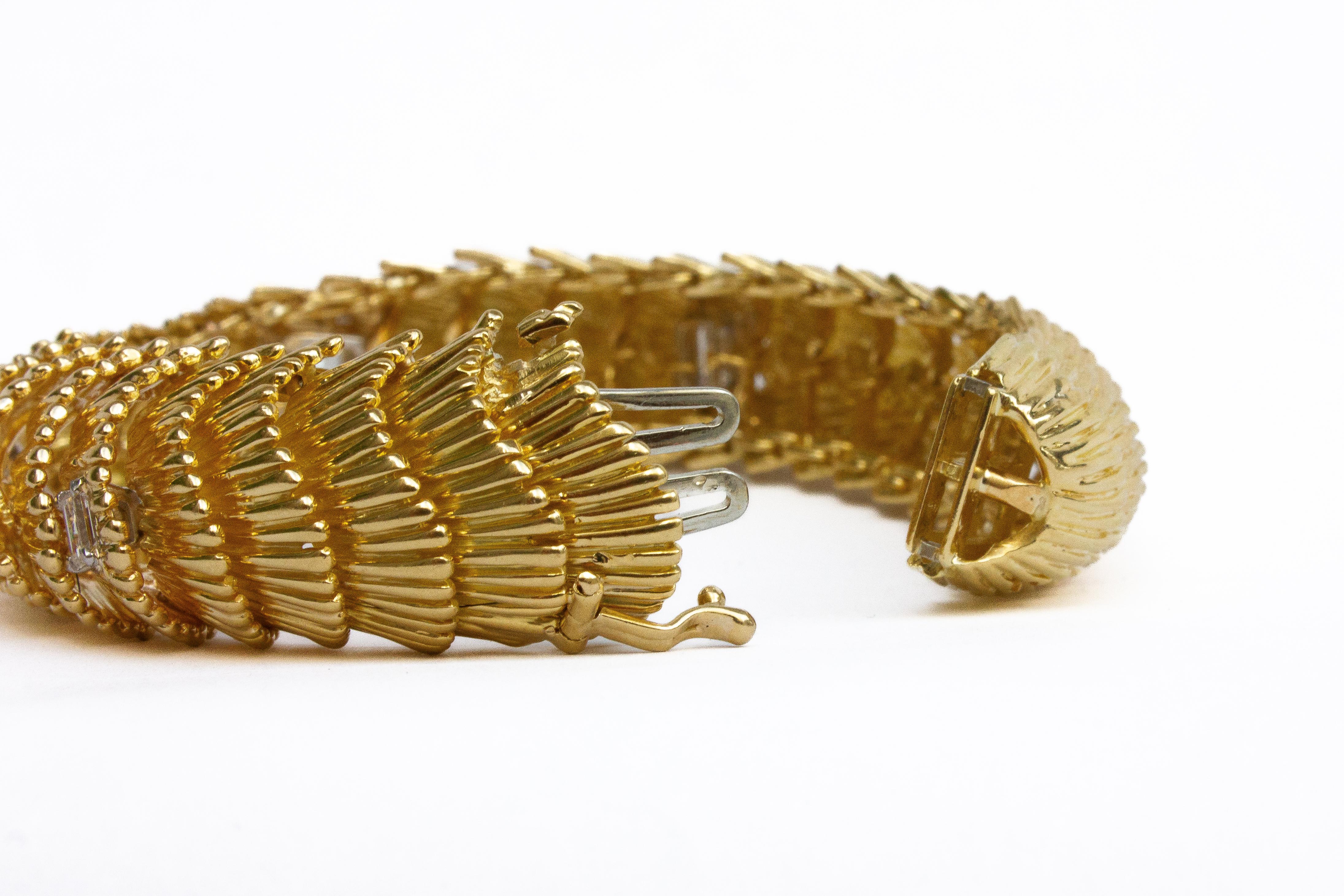 Women's David Webb 5.46 Carat Total Textured Gold and Emerald Cut Diamond Bracelet For Sale