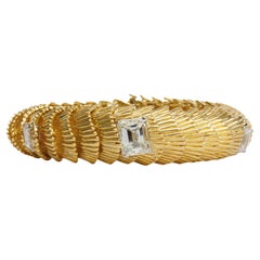 David Webb 5.46 Carat Total Textured Gold and Emerald Cut Diamond Bracelet