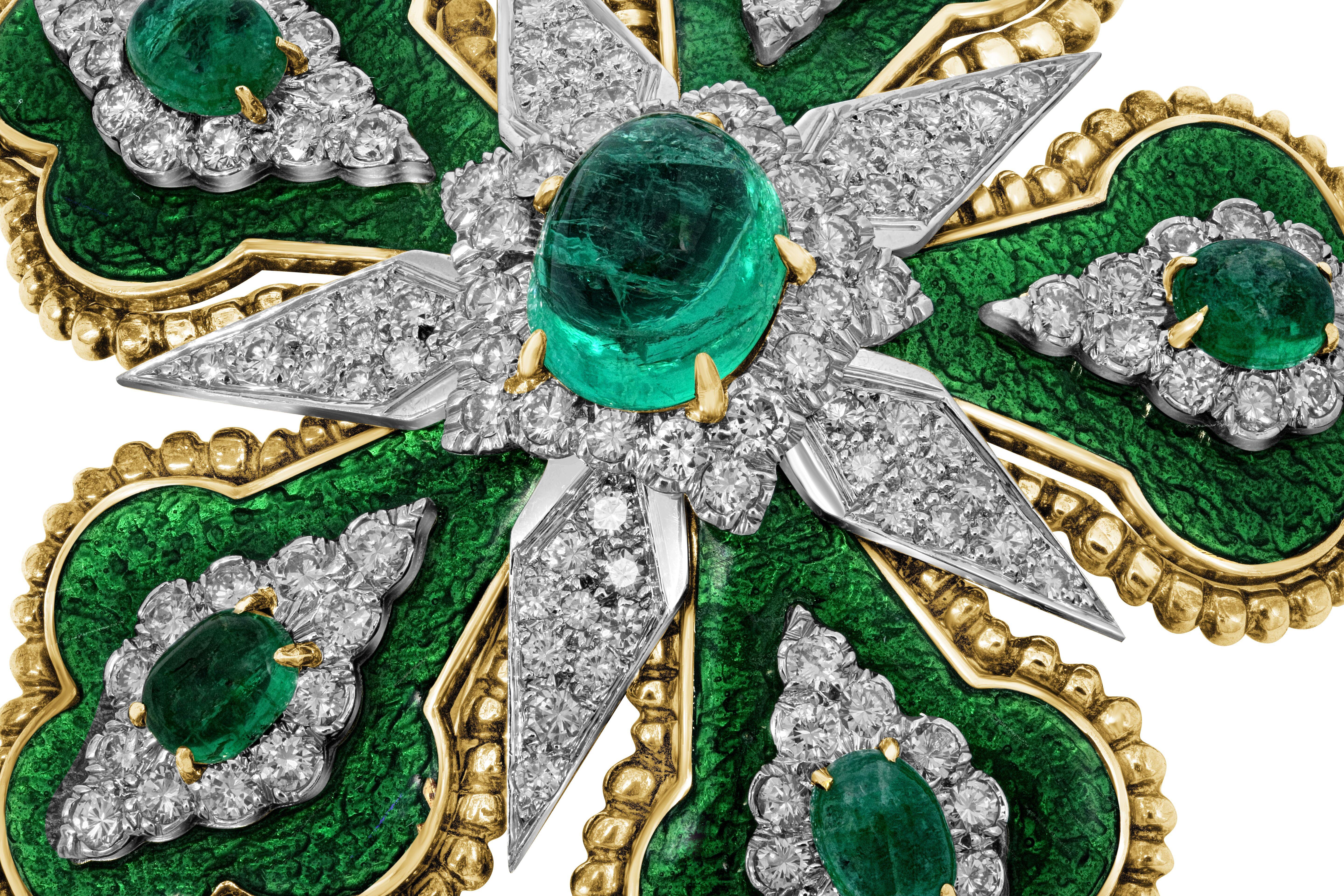 David Webb 5.85 Carat Emerald Floral Brooch In Excellent Condition For Sale In La Jolla, CA