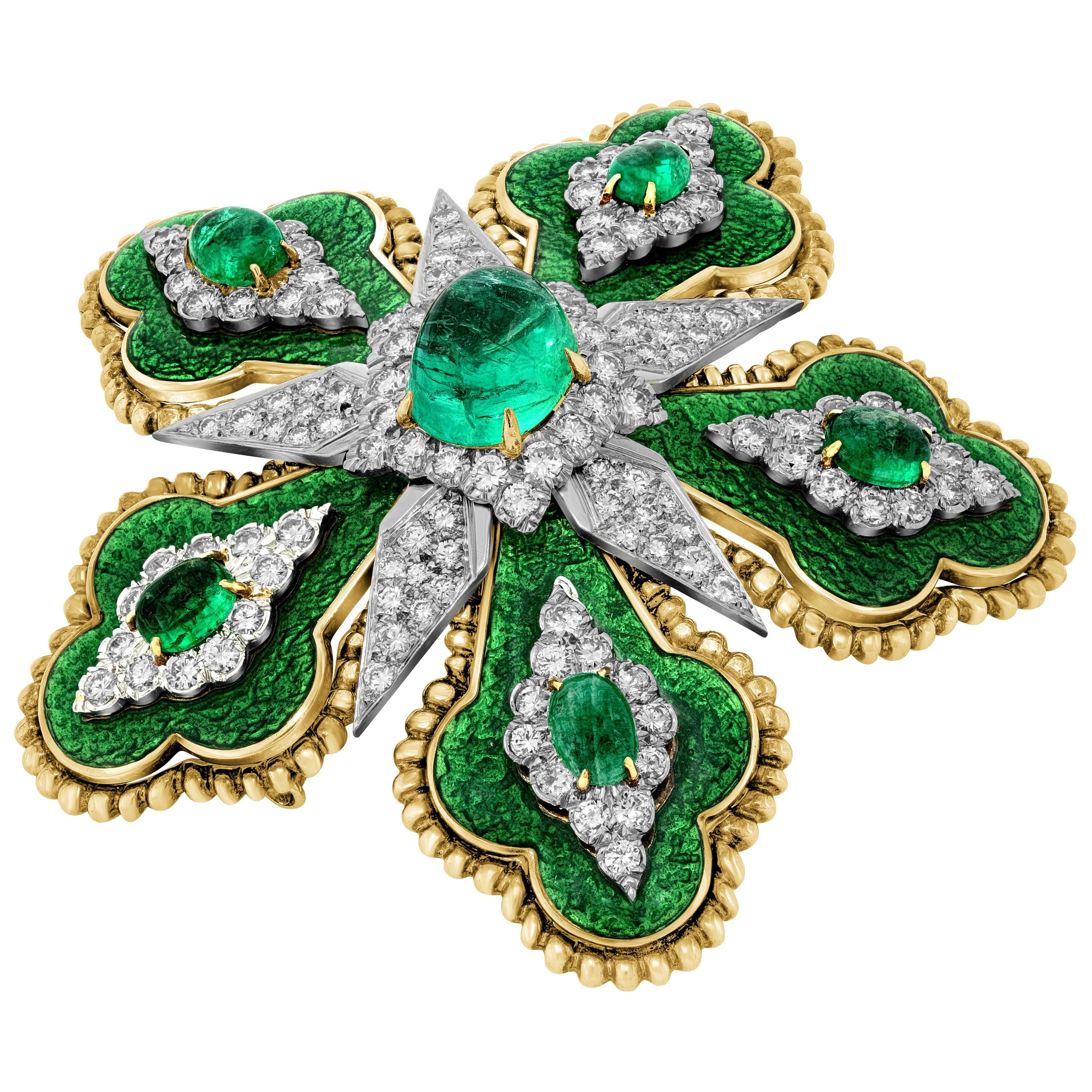 David Webb 5.85 Carat Emerald Floral Brooch For Sale