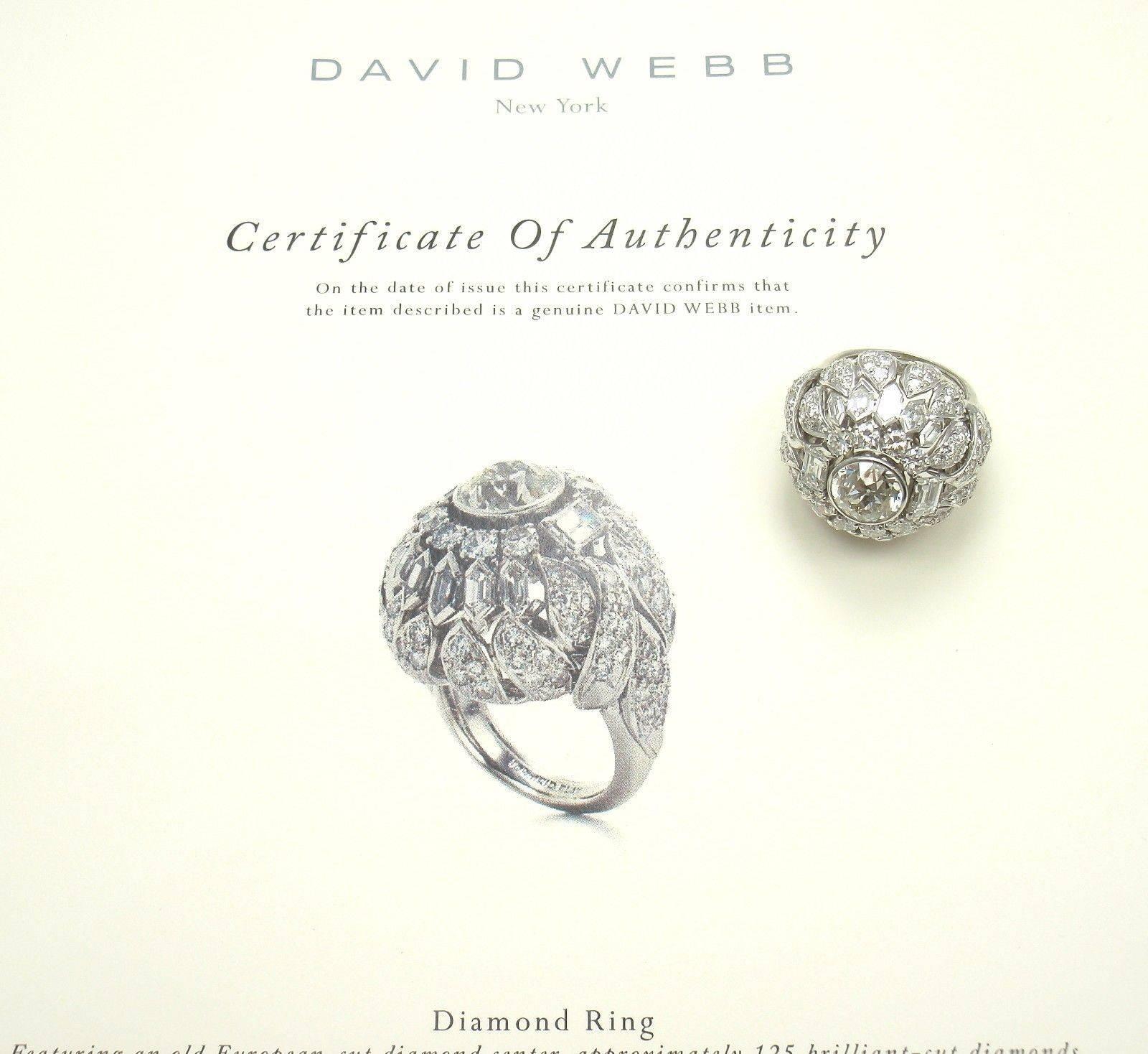 Platinum 5ctw Diamond Large Bombe Ring by David Webb. 
With 1 round old European cut diamond VS1 clarity, I color total weight approx. 3ct
125 round brilliant cut diamonds 
10 modified hexagonal cut diamonds 
2 baguette cut diamonds
total weight