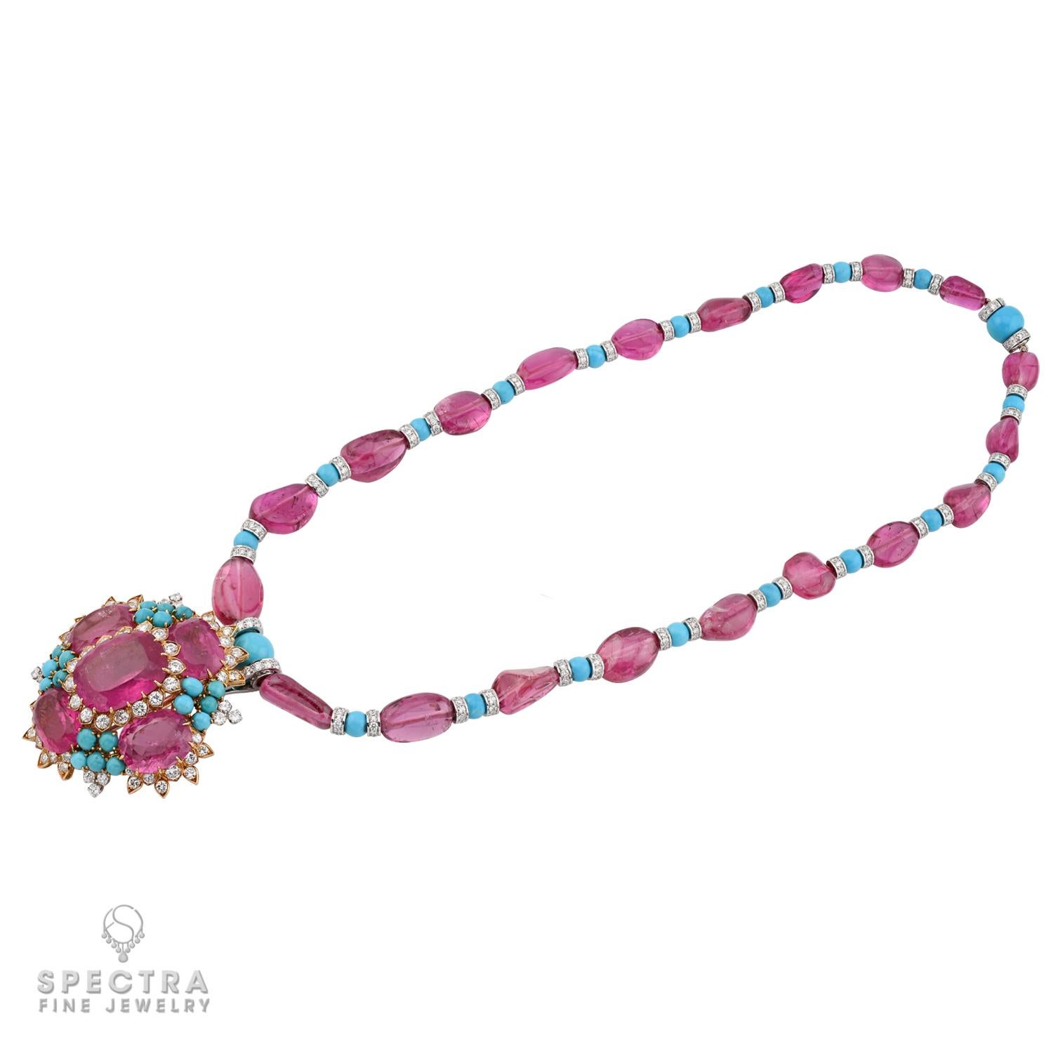 Presenting an extraordinary creation from David Webb: the Tourmaline Turquoise Diamond Necklace. At its heart lies a captivating 71.50-carat pink tourmaline, exuding a vibrant hue that commands attention. Surrounding this stunning centerpiece are an