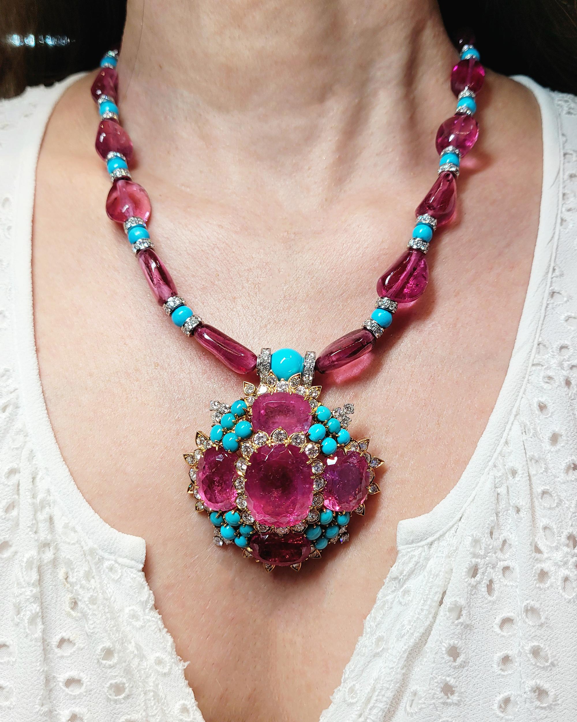 Mixed Cut David Webb 71.50 Carat Tourmaline Turquoise Diamond Pendant Necklace For Sale