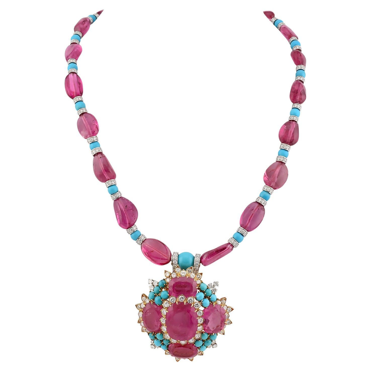 David Webb 71.50 Carat Tourmaline Turquoise Diamond Pendant Necklace