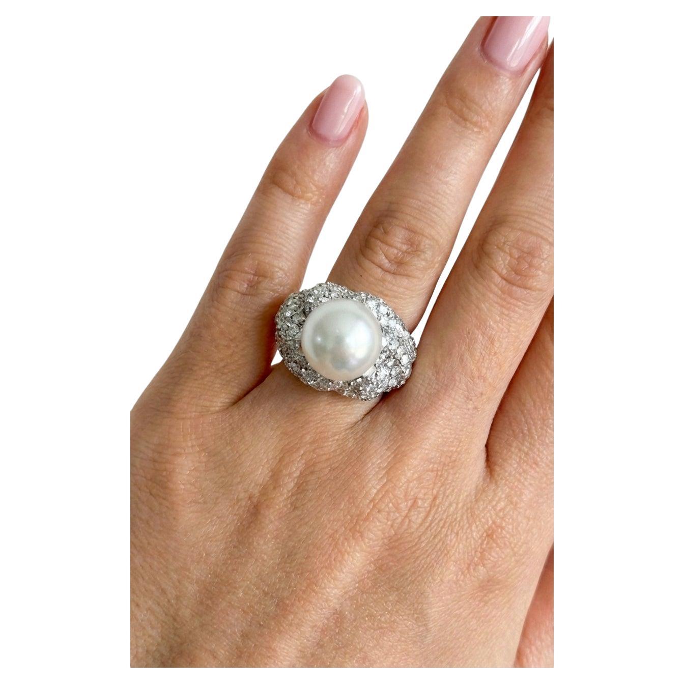 David Webb 8 Carat Pearl and Diamond Halo Ring in Platinum For Sale