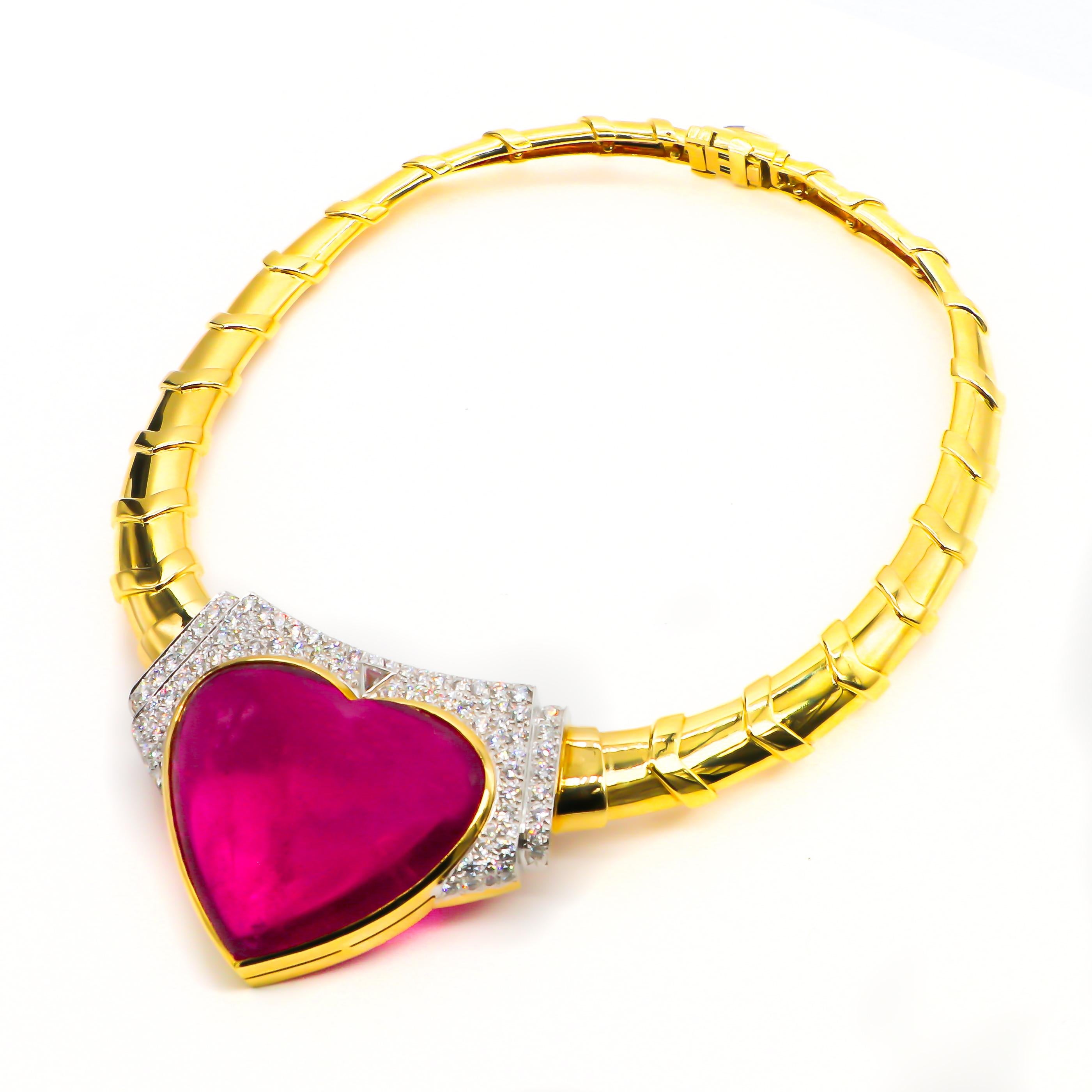 Heart Cut David Webb 80 Carat Rubellite Tourmaline Necklace with Diamonds 5.26 Carat 18K