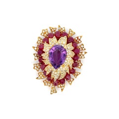 David Webb 9.50 Carat Ruby 9.00 Carat Amethysts 6.54 Carat Diamond 18K YG Pin