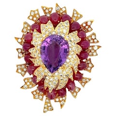 Vintage David Webb 9.50 Carat Ruby 9.00 Carat Amethysts 6.54 Carat Diamond 18K YG Pin