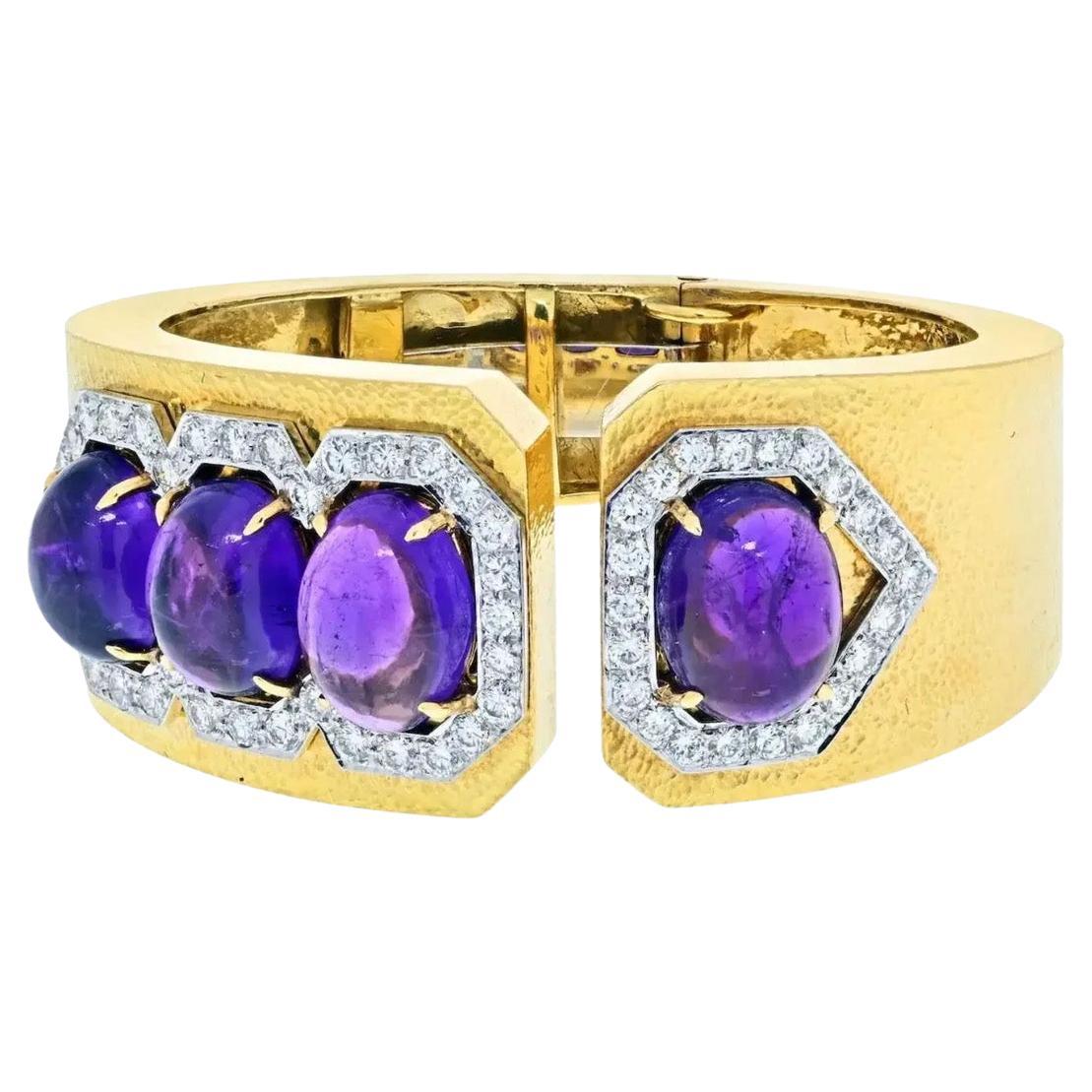 David Webb Amethyst and 18k Hammered Gold Cuff Bracelet For Sale
