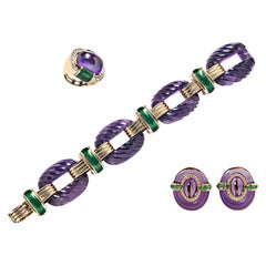 David Webb Amethyst and Diamond Green Enamel Bracelet, Earrings, Ring Suite