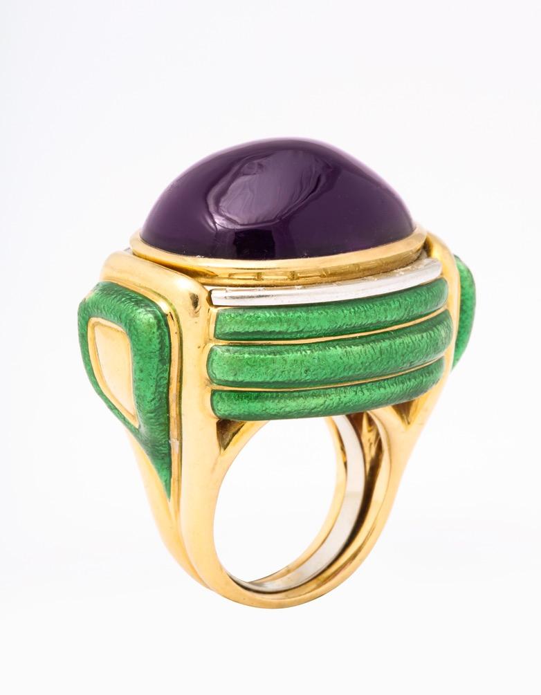 The color combination is dramatic and the size is impressive, which is why this ring could only be by David Webb.  The ring has been owned by both an American and an Italian collector.  It is now ready for the next step of the journey.

The internal
