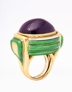 David Webb Diamantring mit Amethyst und grüner Emaille