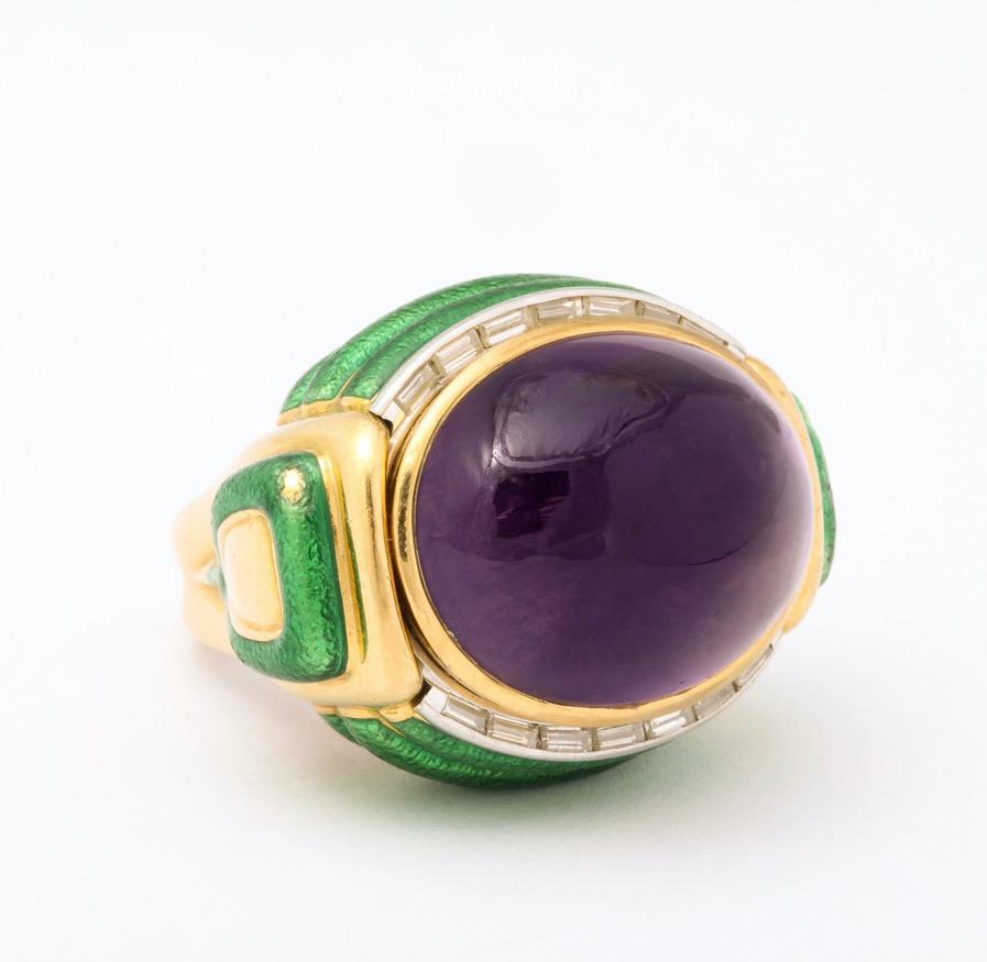 Women's or Men's David Webb Amethyst Green Enamel Diamond Ring For Sale