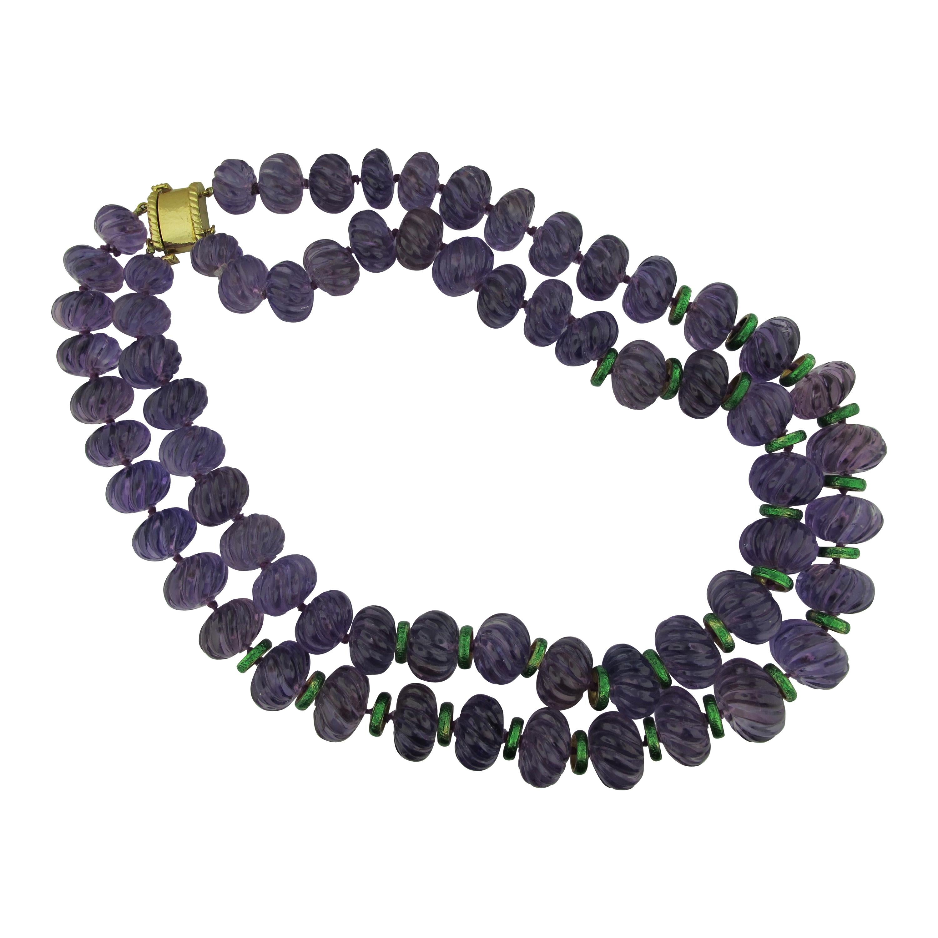 David Webb Amethyst and Green Enamel Necklace