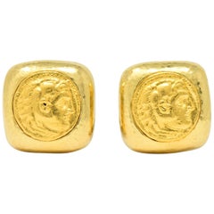 David Webb Ancient Coin 18 Karat Gold Alexander The Great Ear-Clip Earrings