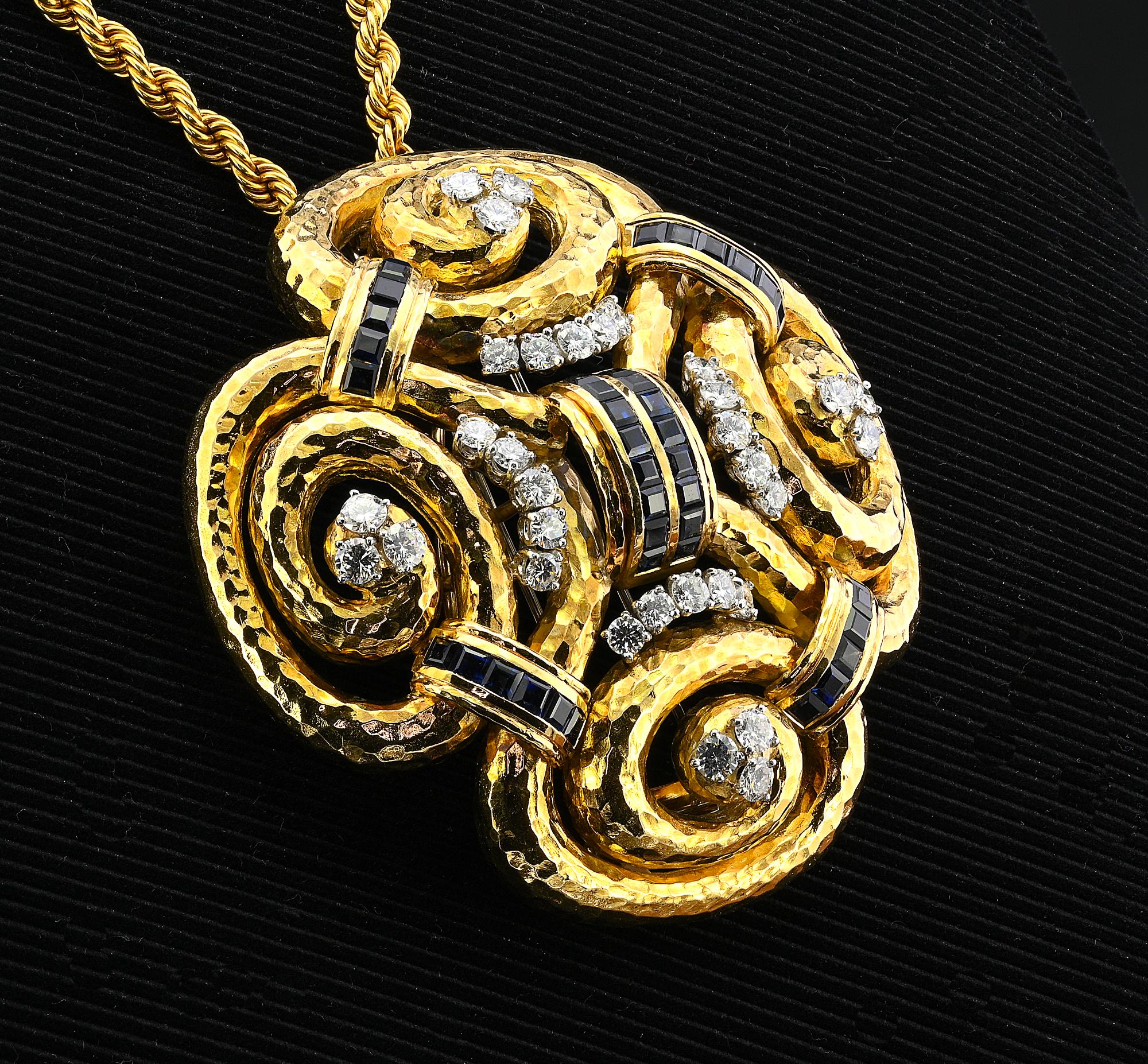 David Webb Ancient World Sapphire Diamond Brooch Pendant For Sale 4