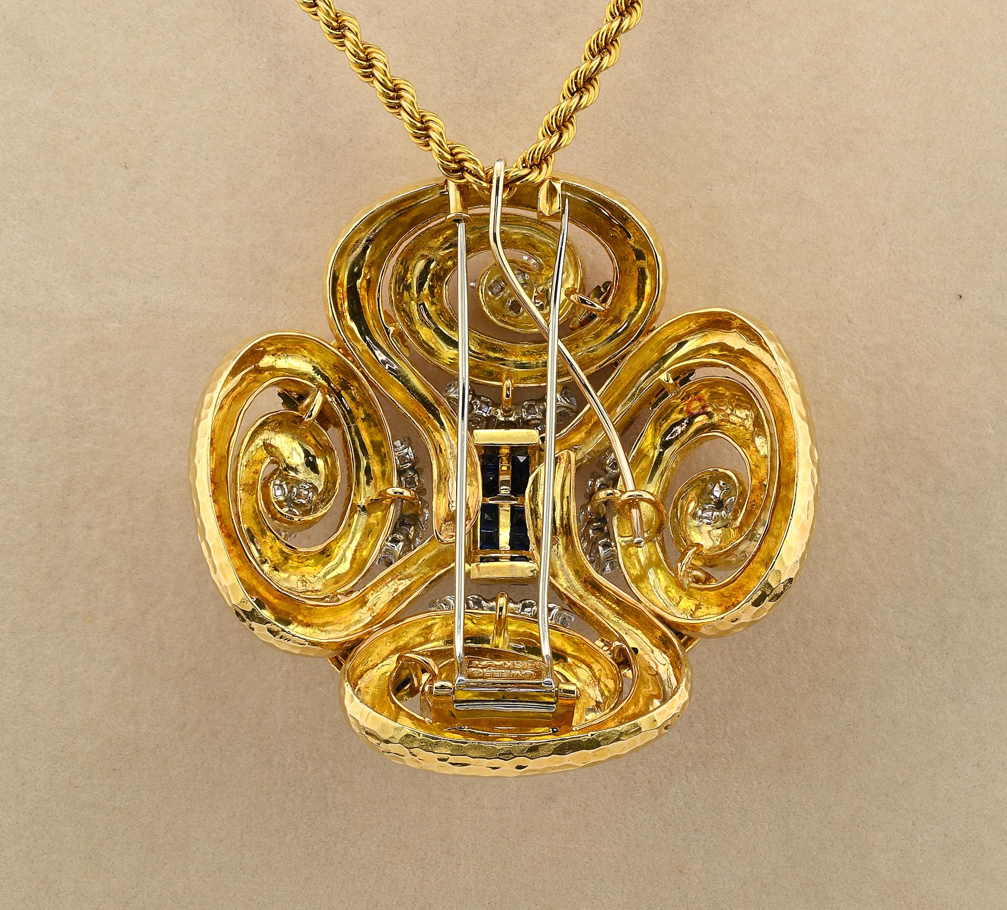 David Webb Ancient World Sapphire Diamond Brooch Pendant For Sale 5