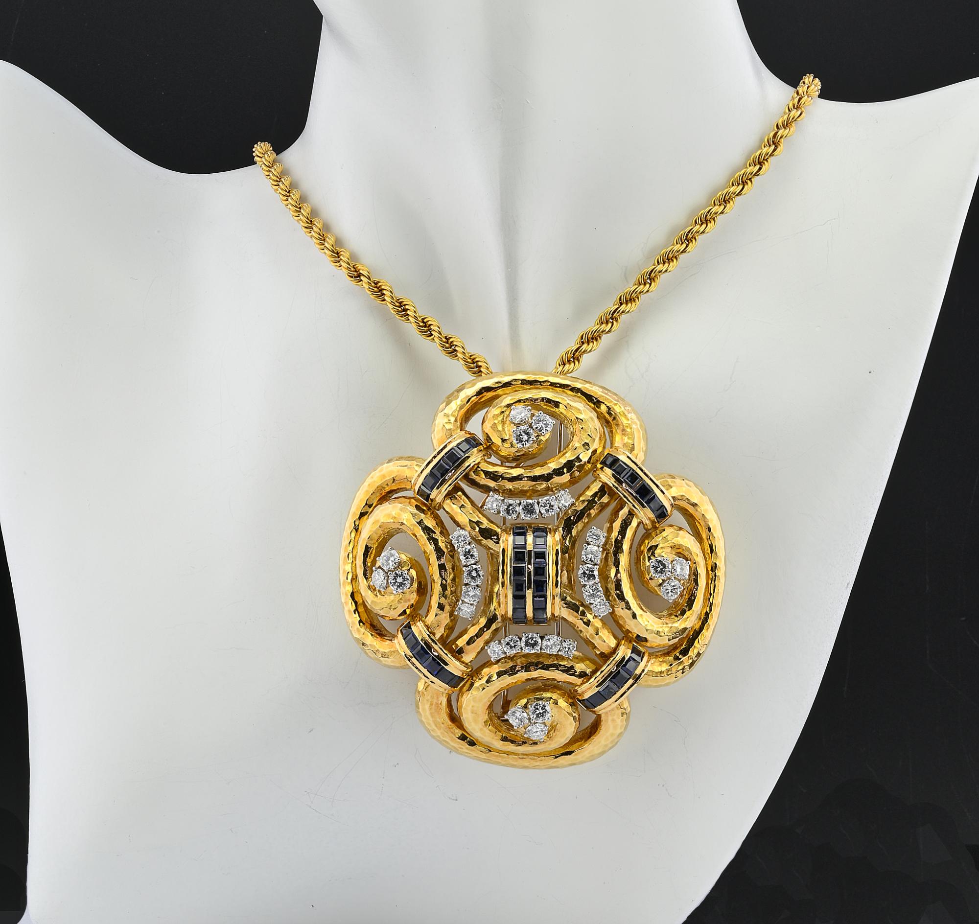 David Webb Ancient World Sapphire Diamond Brooch Pendant For Sale 8