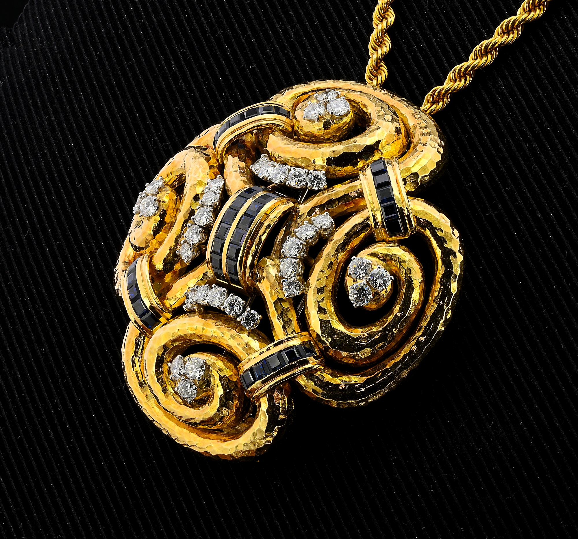 David Webb Ancient World Sapphire Diamond Brooch Pendant For Sale 2