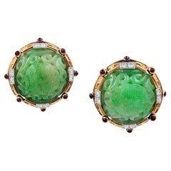 David Webb Ancient World Vintage Carved Jade Ear Clips