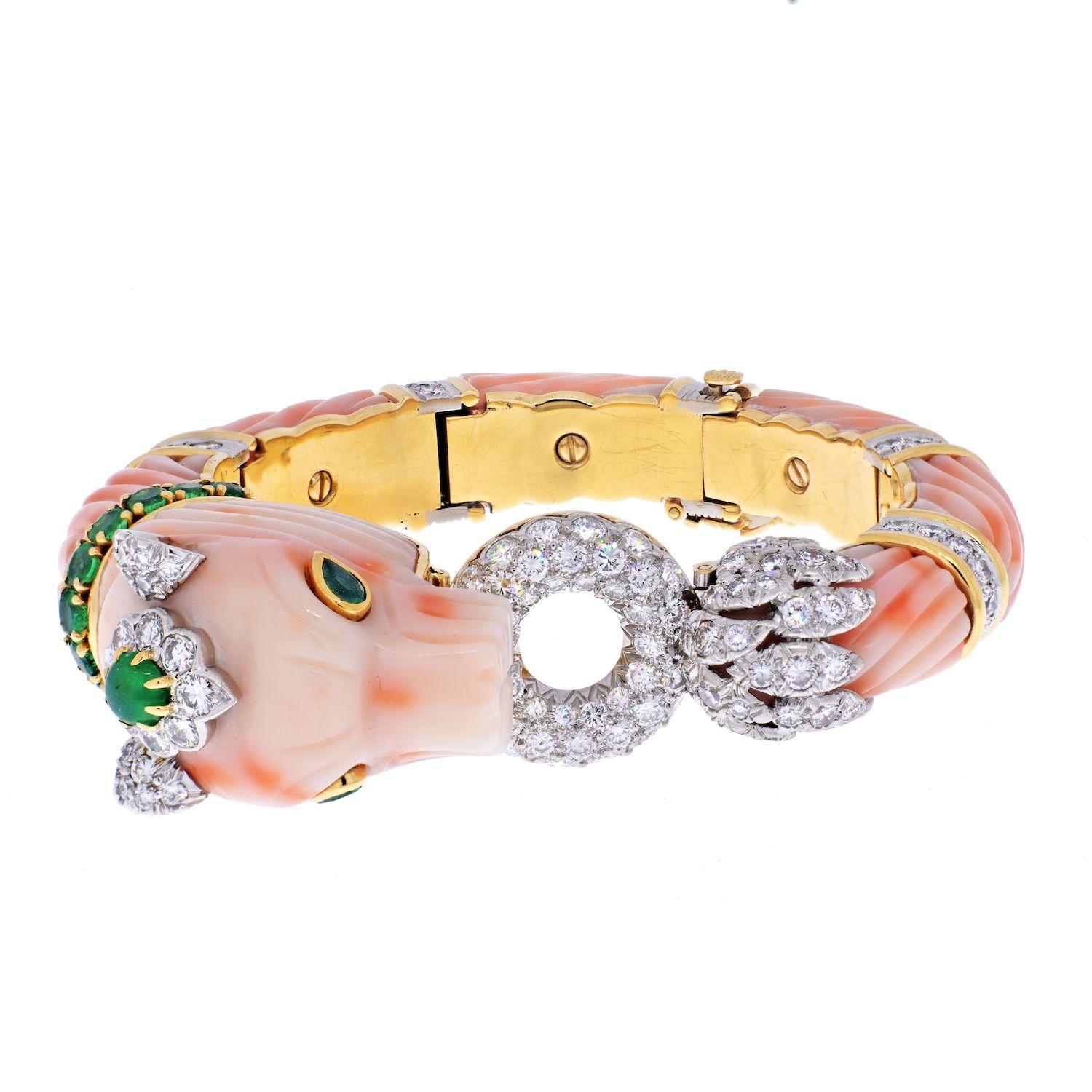 David Webb Angel Skin Coral Chimeral & Diamond Bracelet.

Mythology meets science meets jewelry. According to Greek mythology, Chimaera was a monstrous fire-breathing hybrid creature, a lion with a goat head on its back and a snake as its tail. With