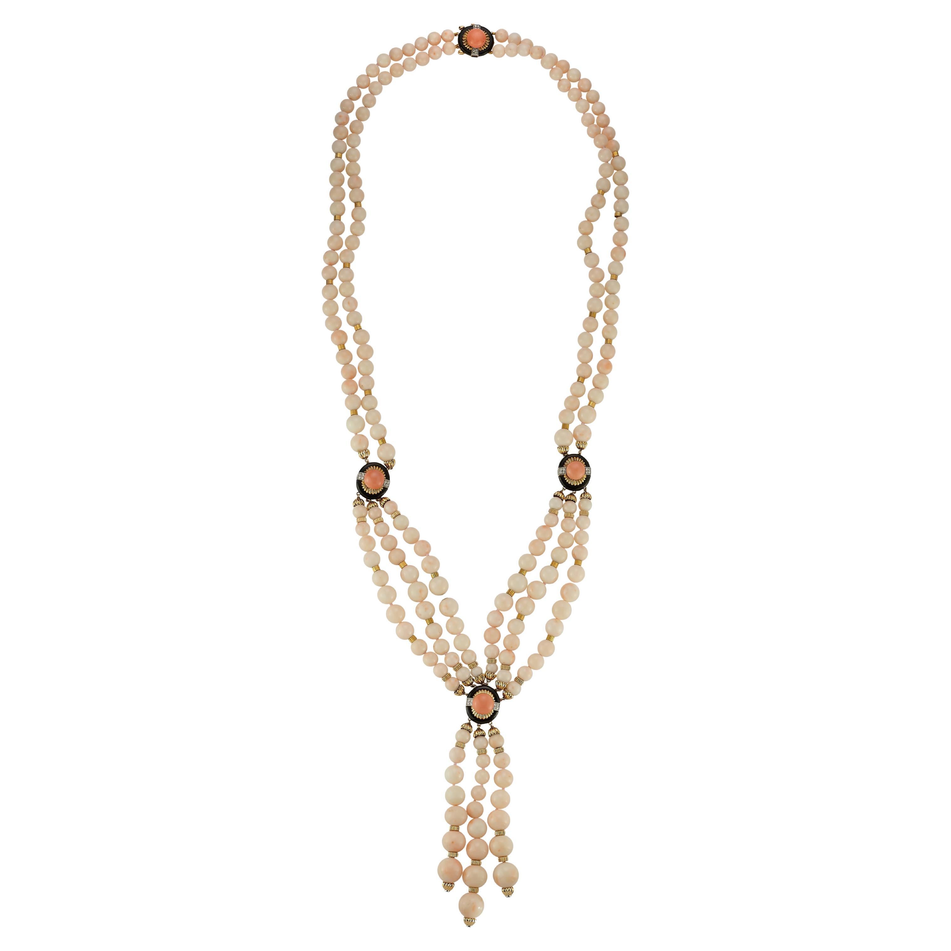 David Webb Angel Skin Coral Tassel Bead Necklace For Sale