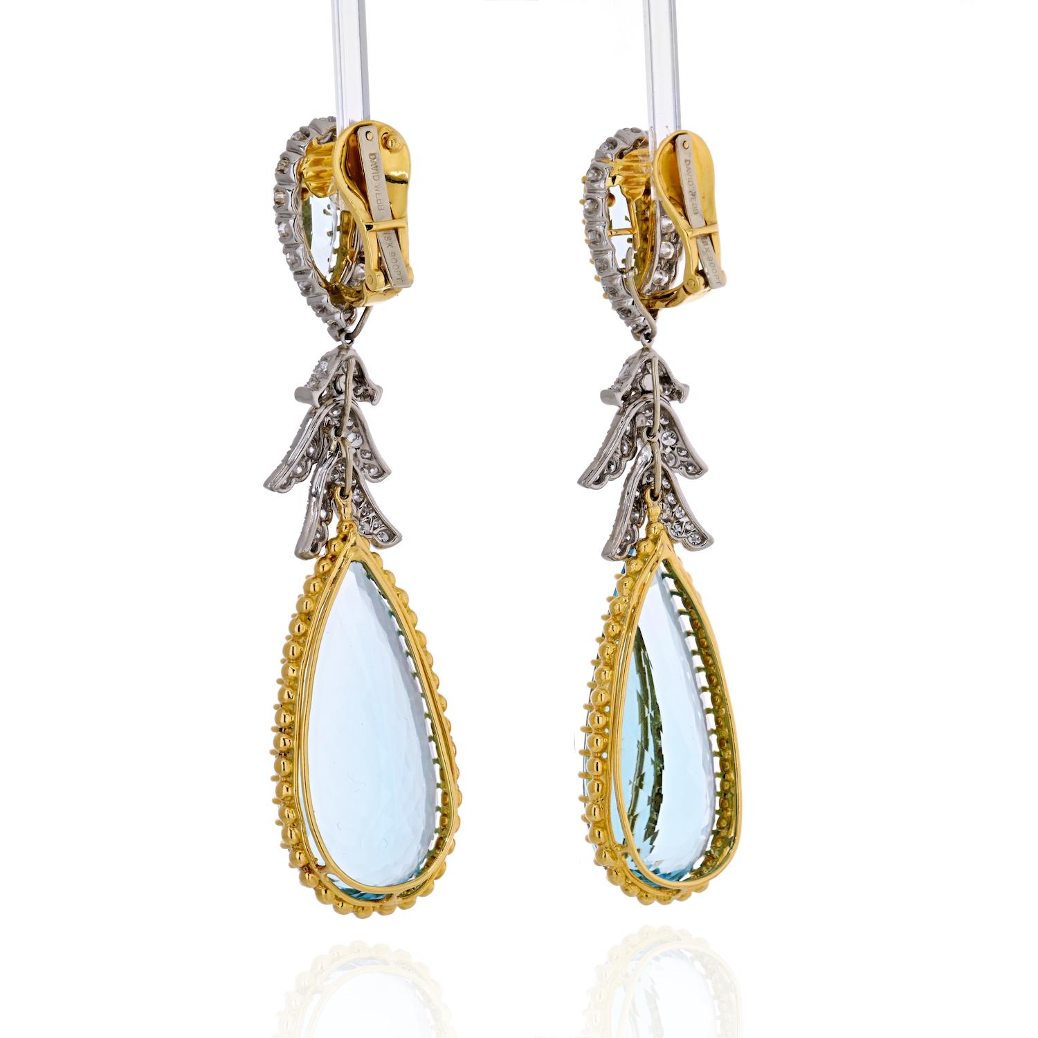 Pear Cut David Webb Aquamarine And Diamond Drop Dangling Earrings For Sale